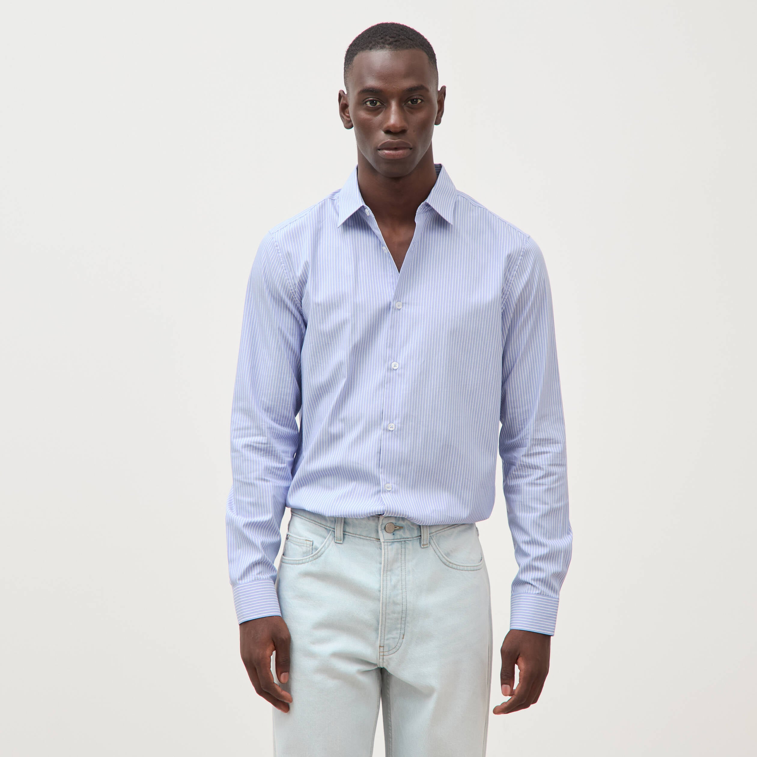 Chemise col am&eacute;ricain manches longues bleu gris homme
