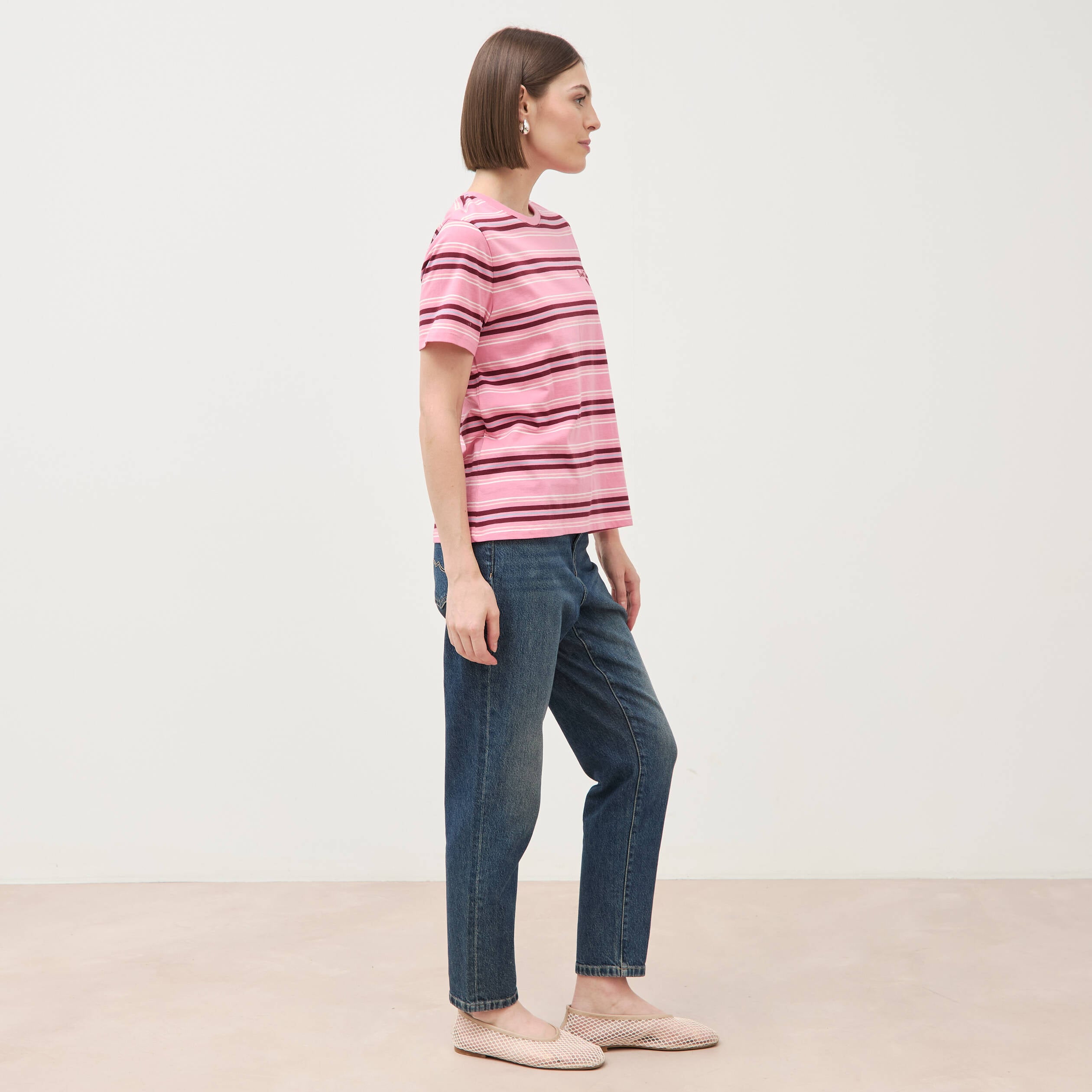 T-shirt ray&eacute; col rond manches courtes vieux rose femme