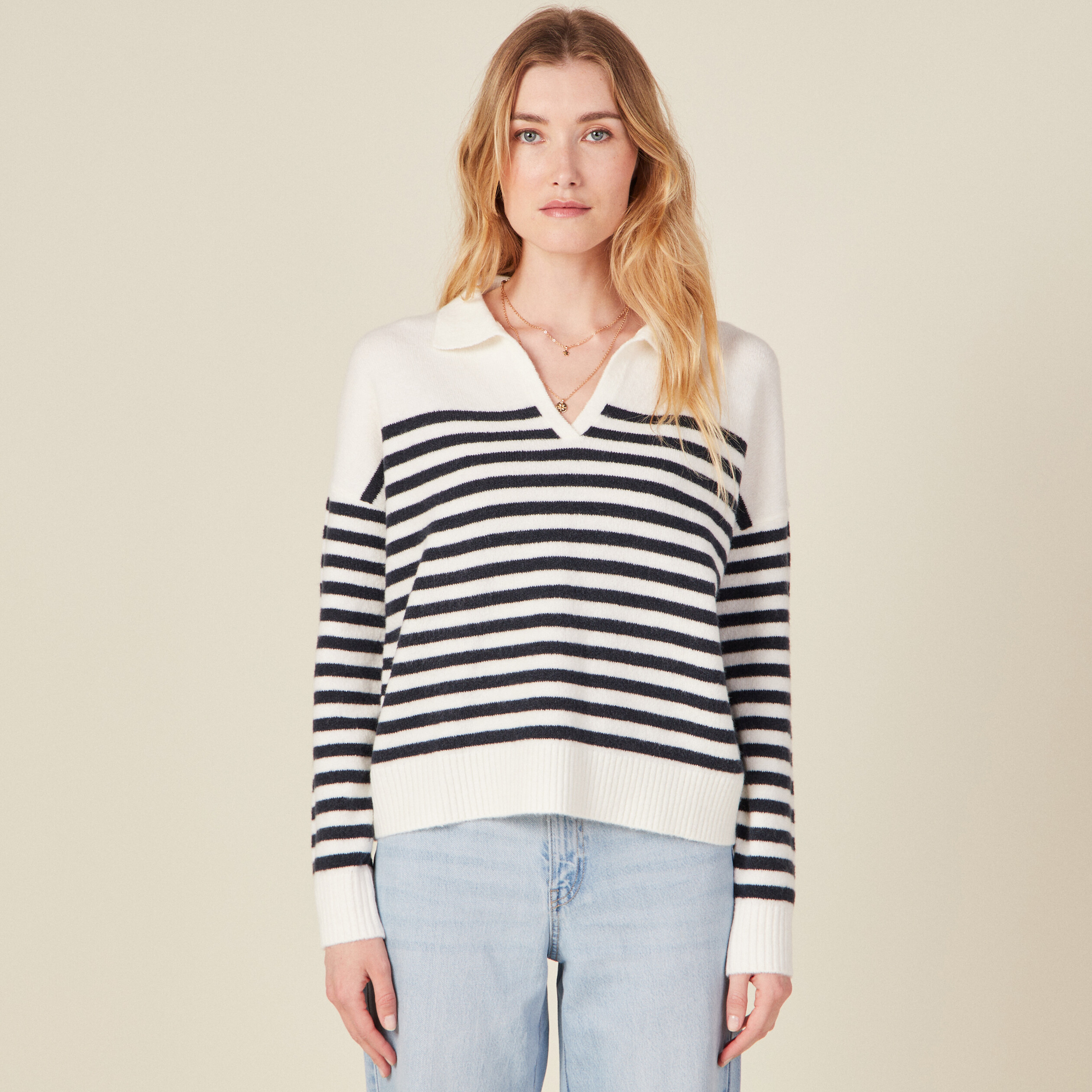 Pull col polo ecru femme