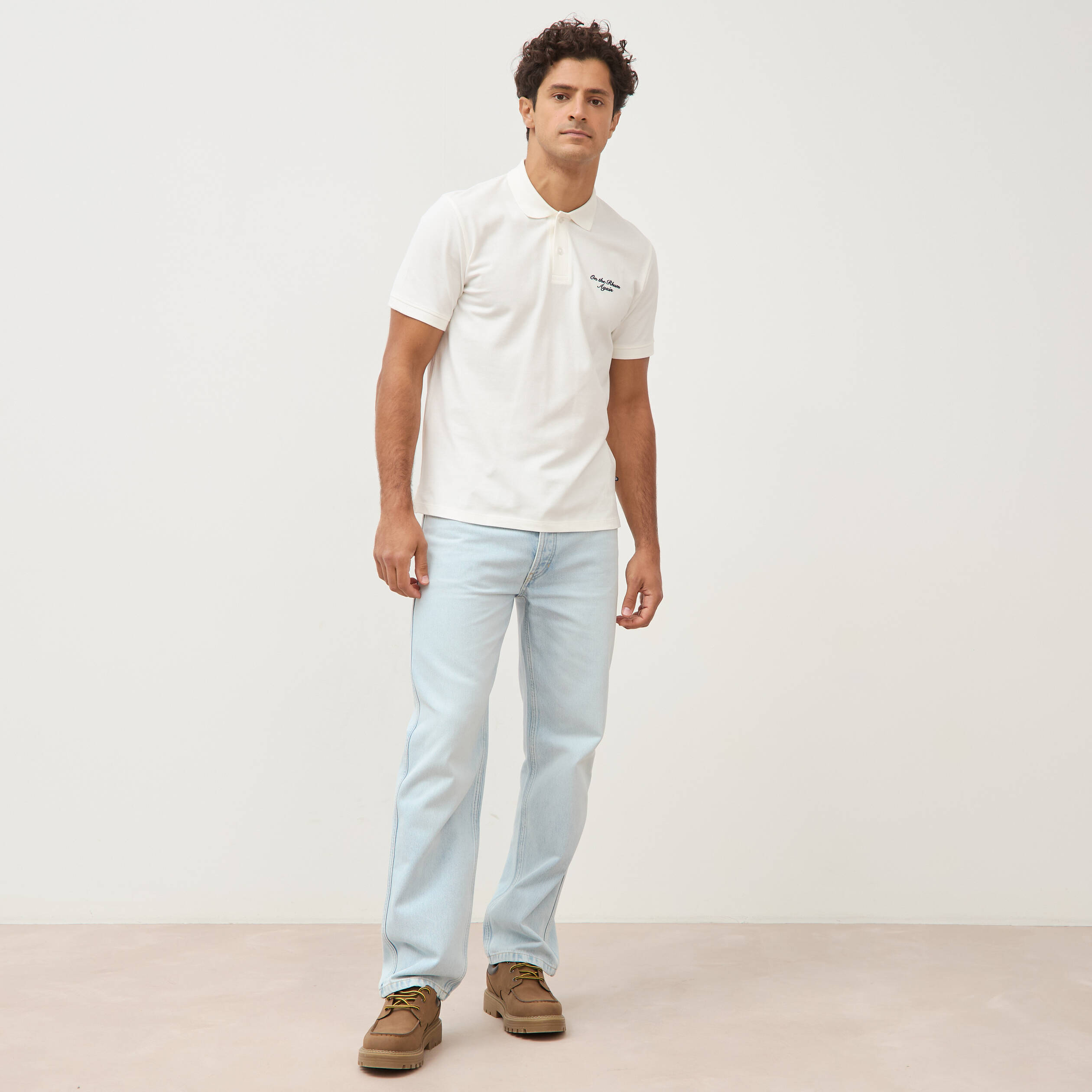 Polo ajust&eacute; manches courtes en coton ecru homme