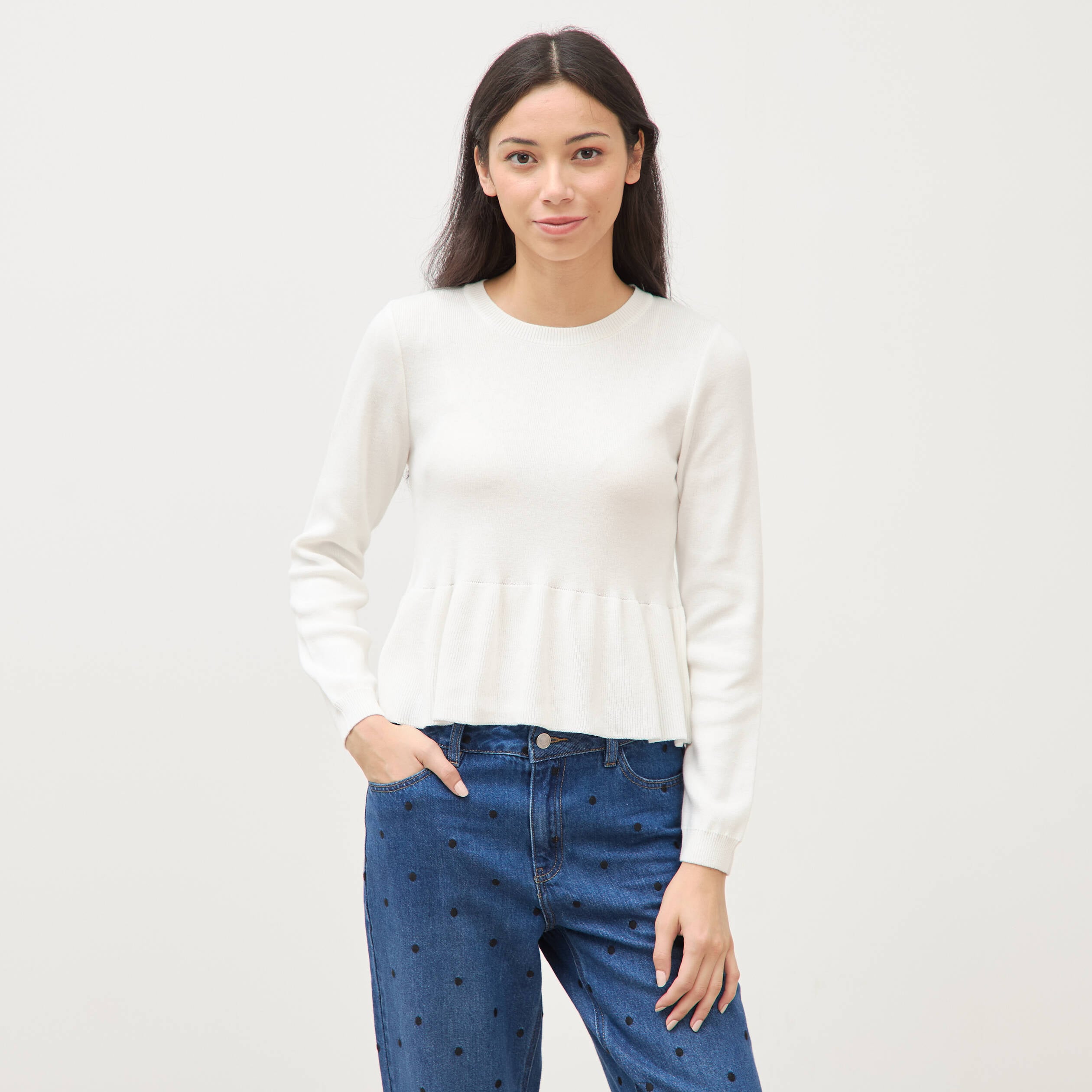 Pull col rond manches longues ecru femme