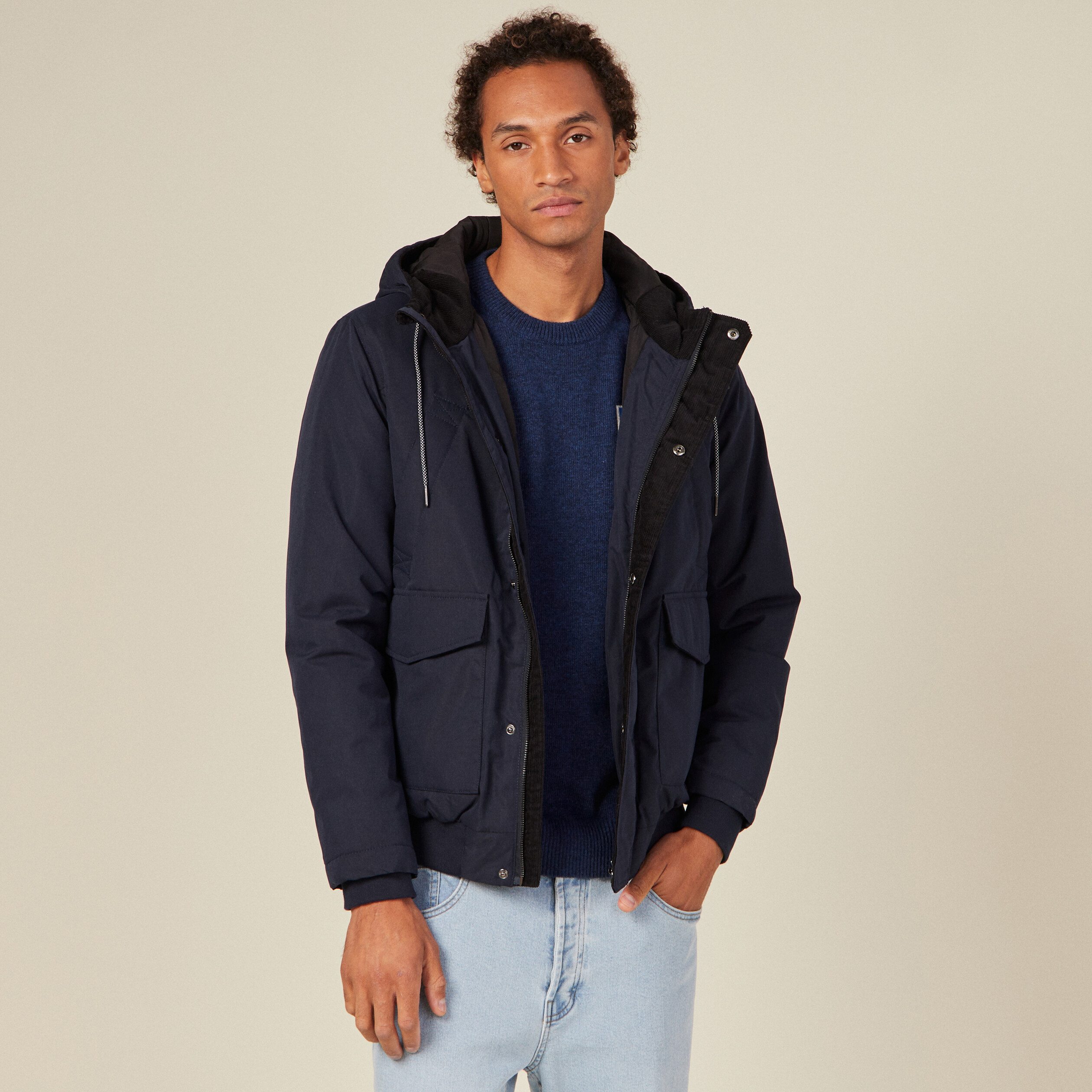 Parka droite à capuche velours bleu marine homme