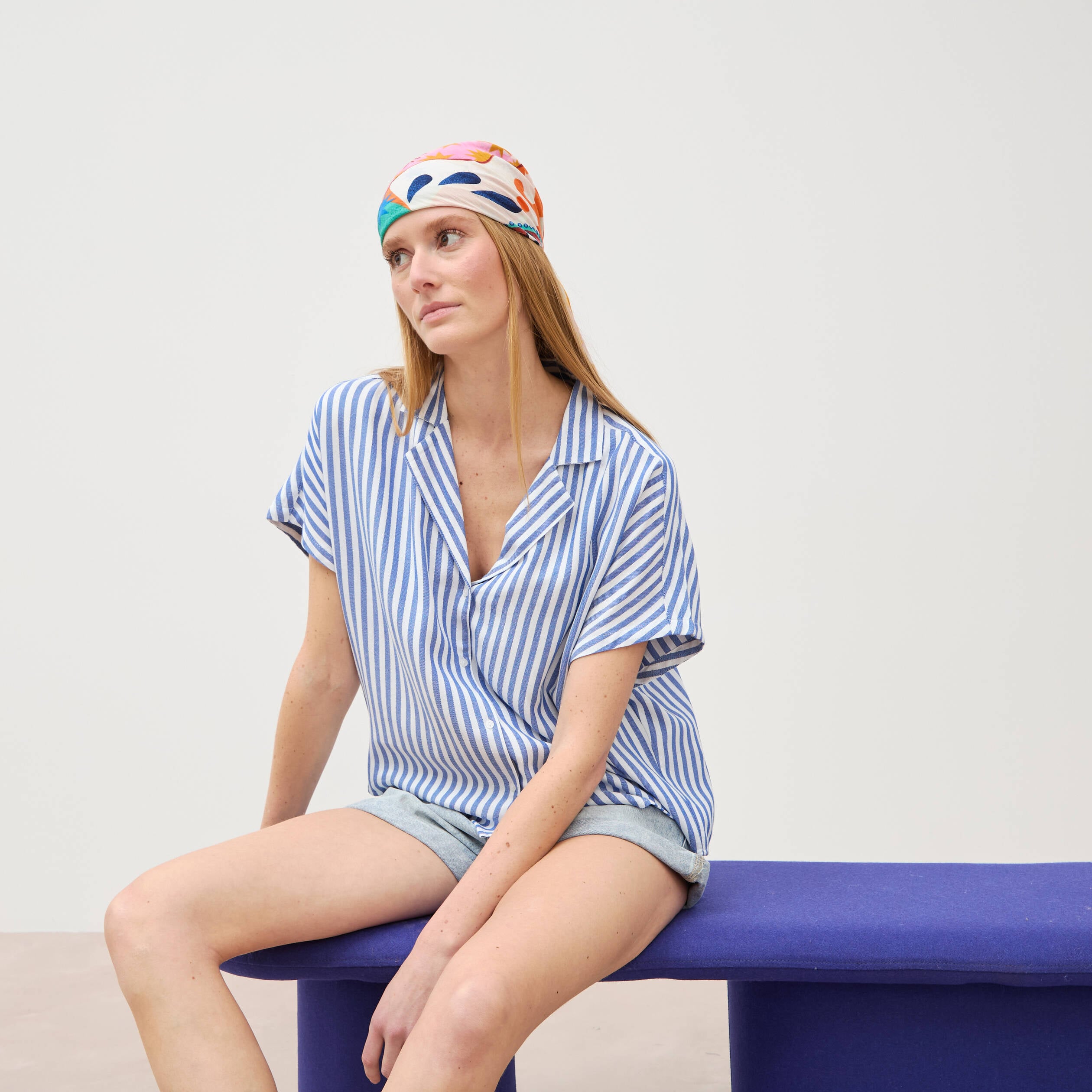 Chemise manches 3/4 bleu femme