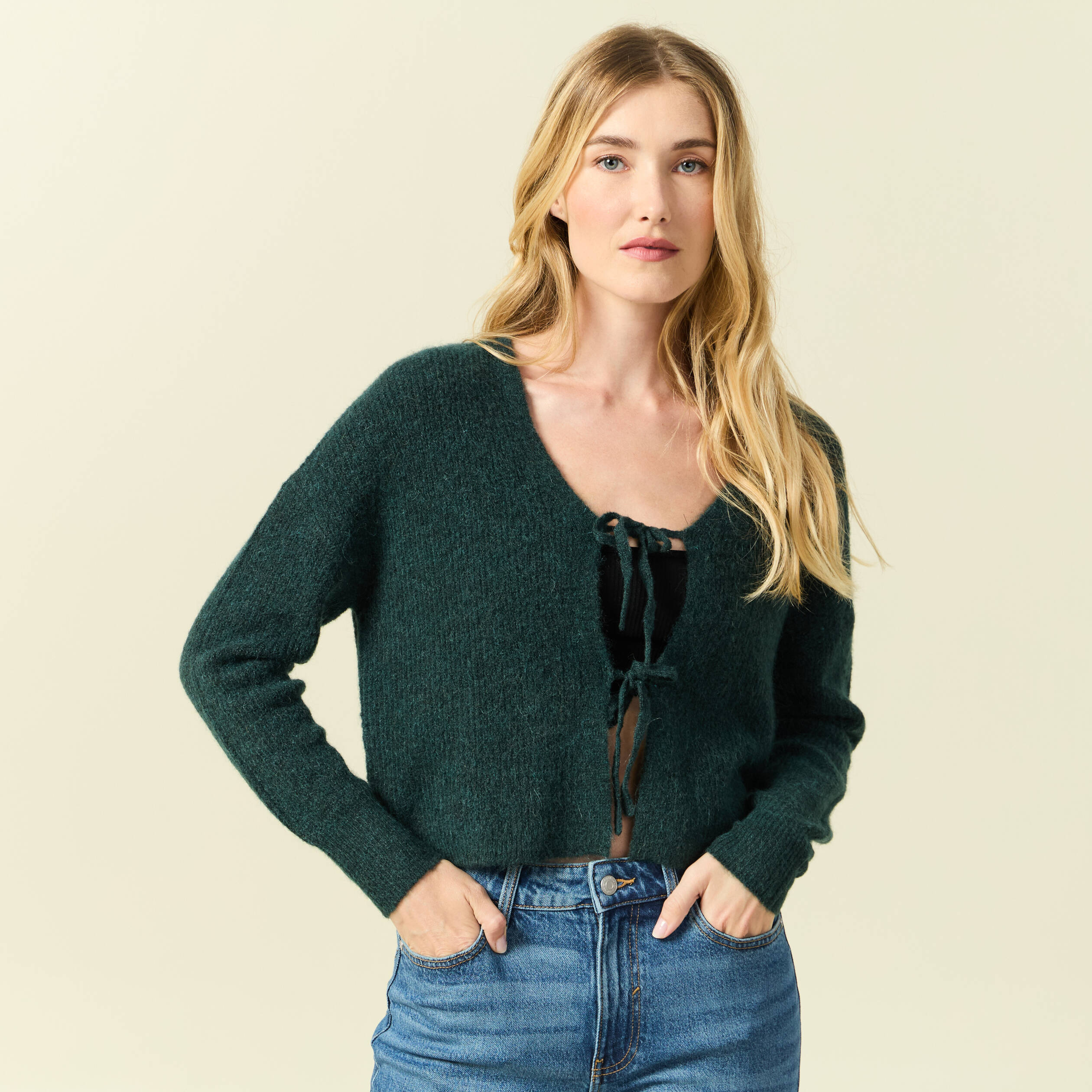 Gilet col V manches longues n&oelig;uds vert fonc&eacute; femme