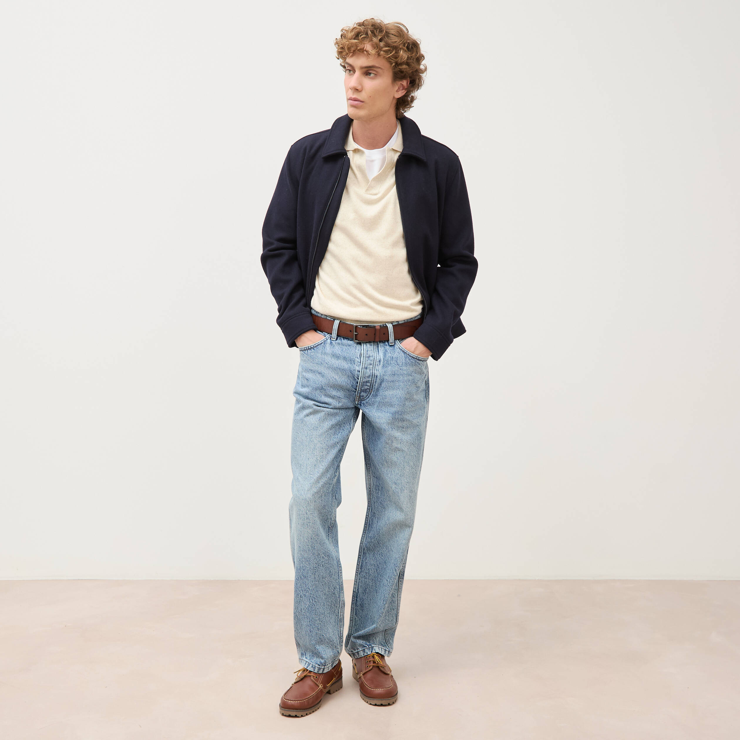 Polo manches courtes col cubain ecru homme
