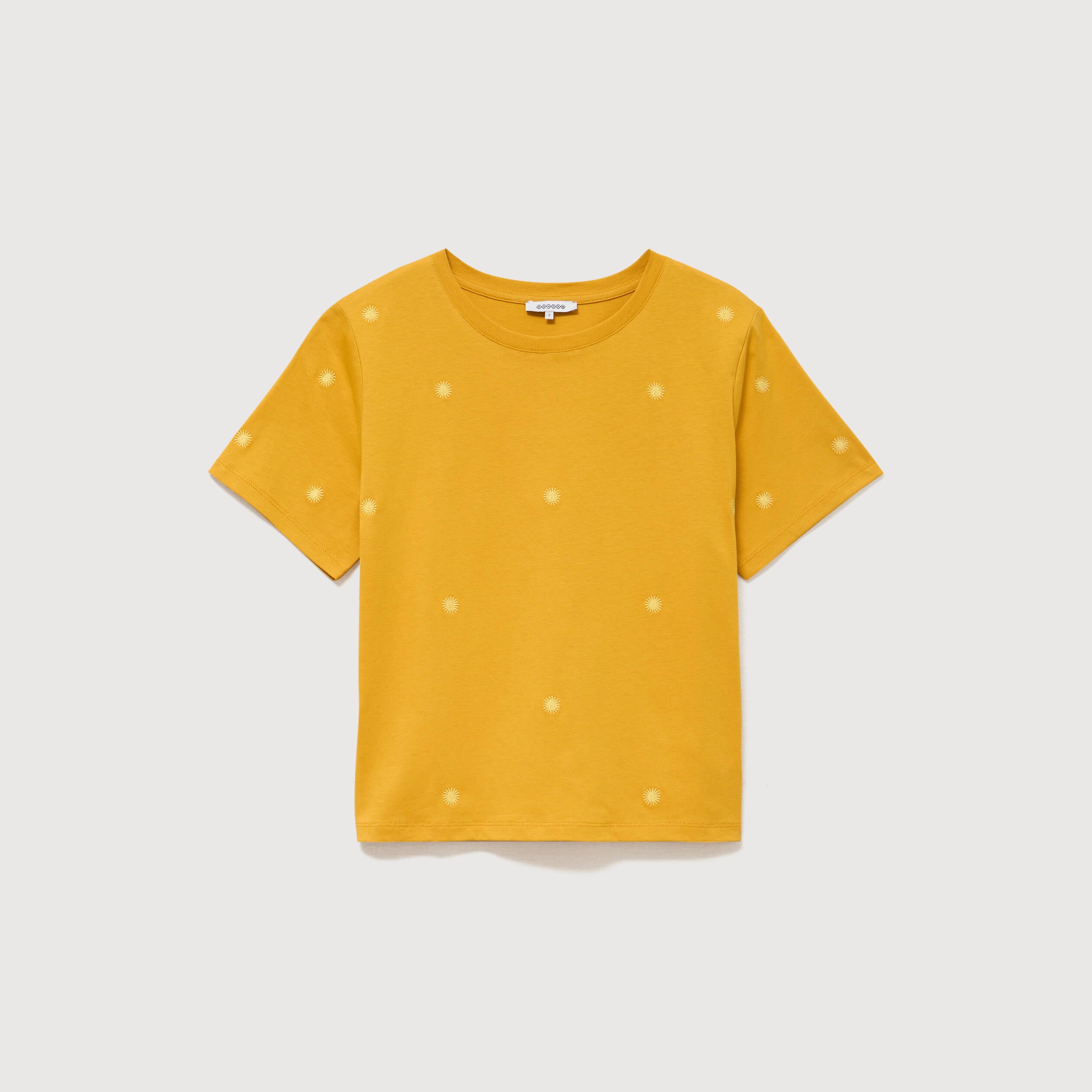 T-shirt droit col rond brod&eacute; en coton jaune or femme