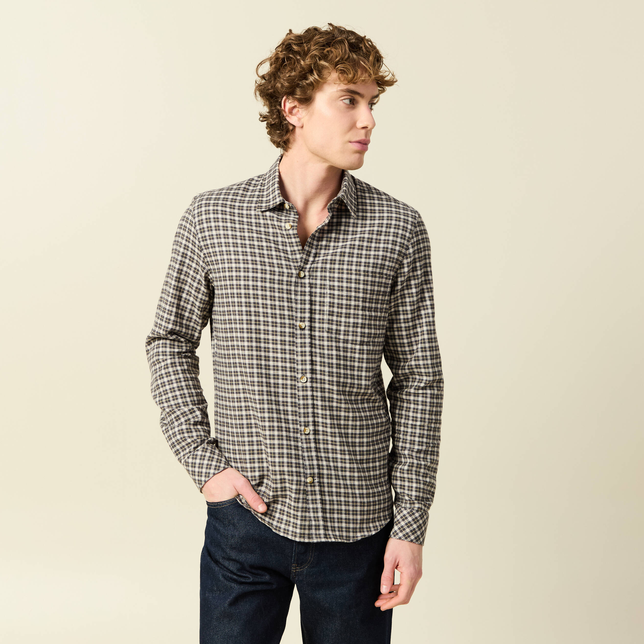 Chemise col classique manches longues vert kaki homme