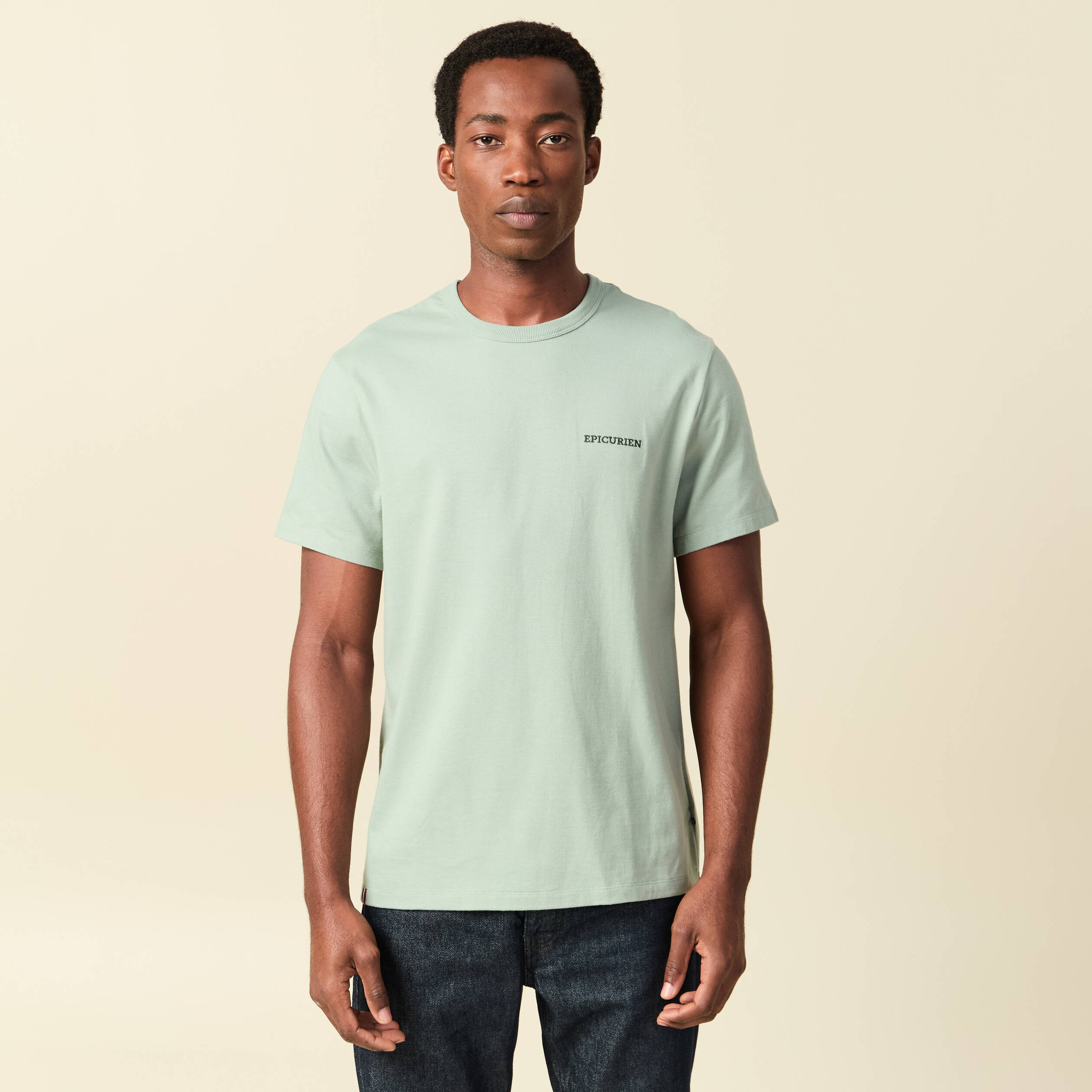 T-shirt col rond manches courtes brod&eacute; vert pastel homme