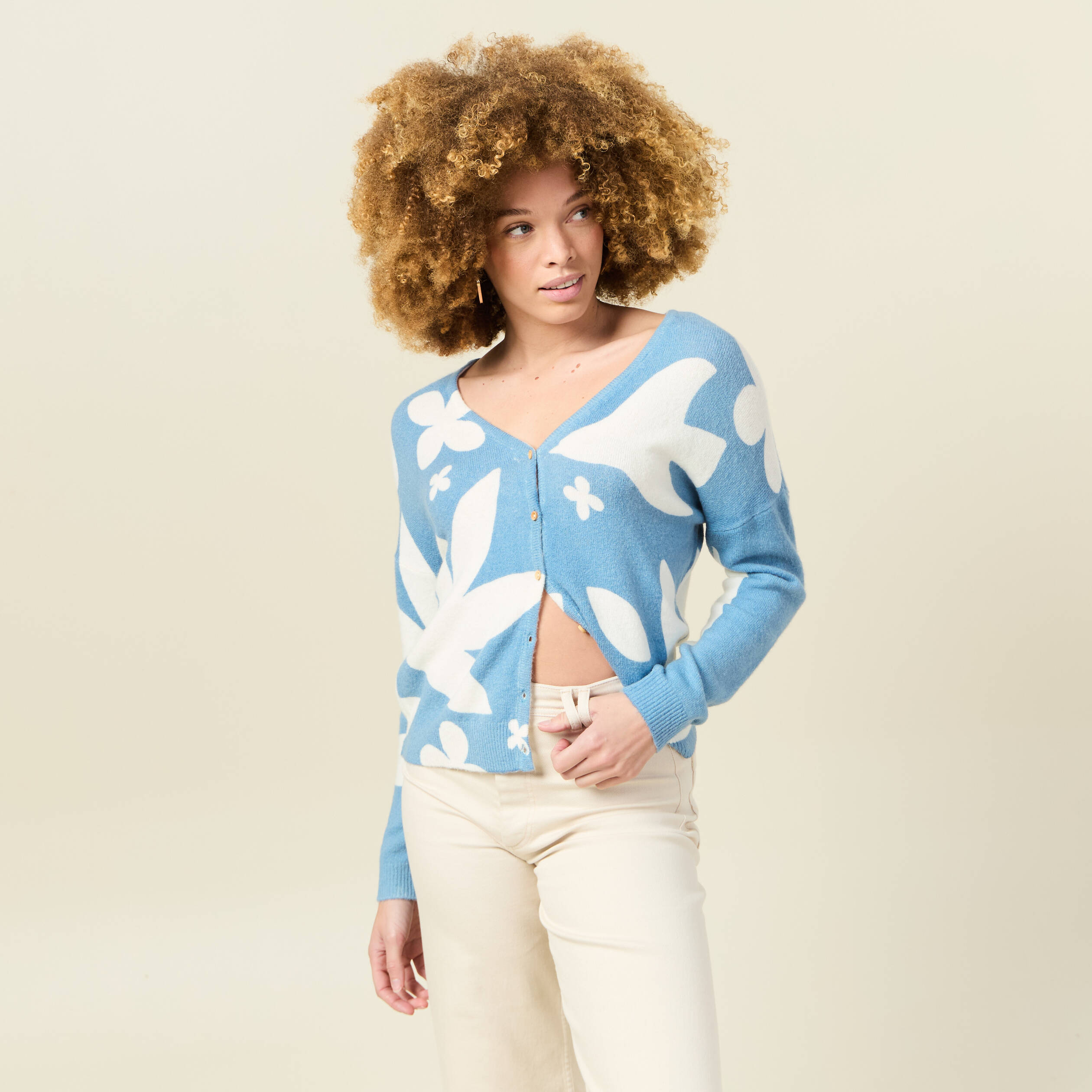 gilet manches longues col en v bleu gris femme Gilet manches longues col en V bleu gris femme