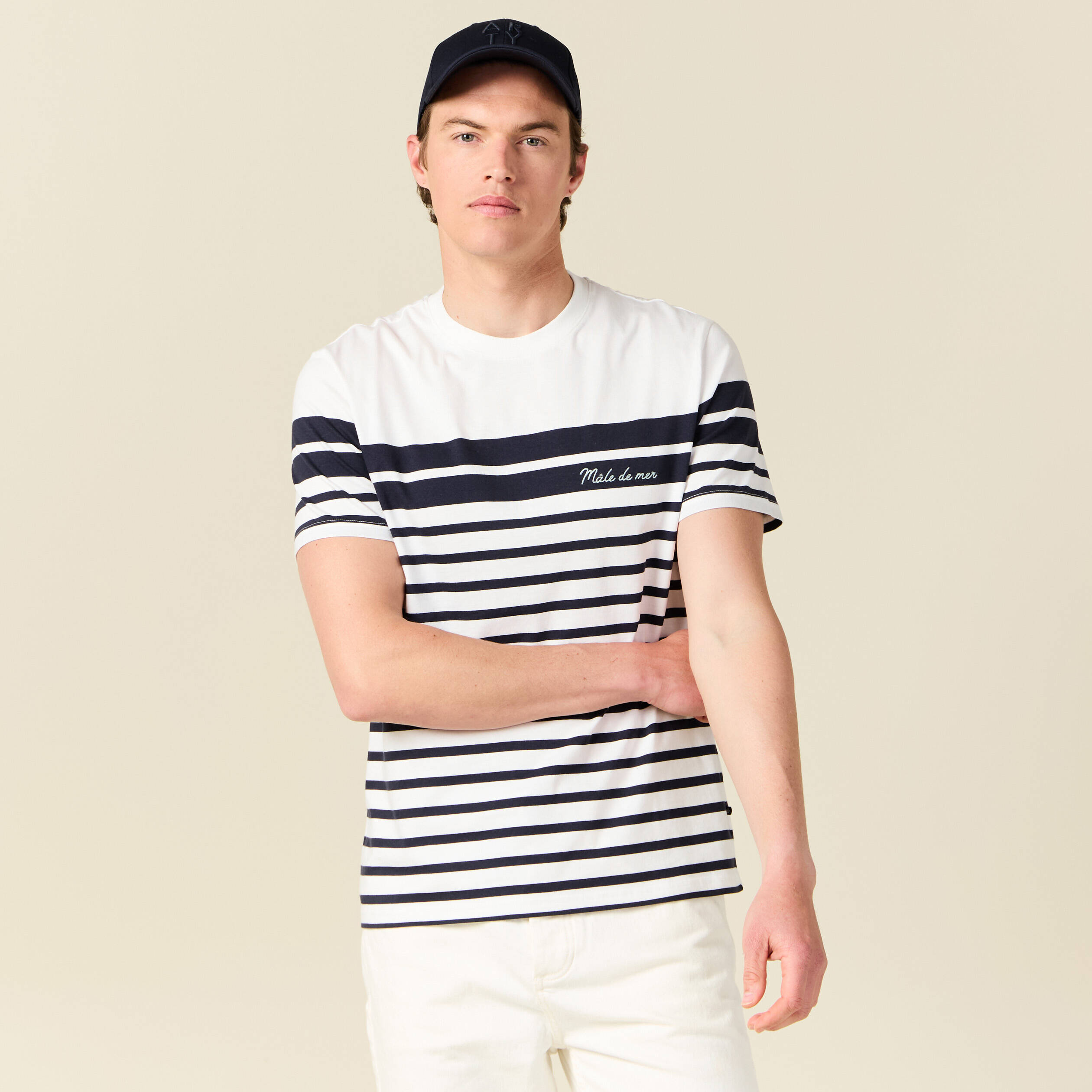 T-shirt ray&eacute; col rond manches courtes ecru homme