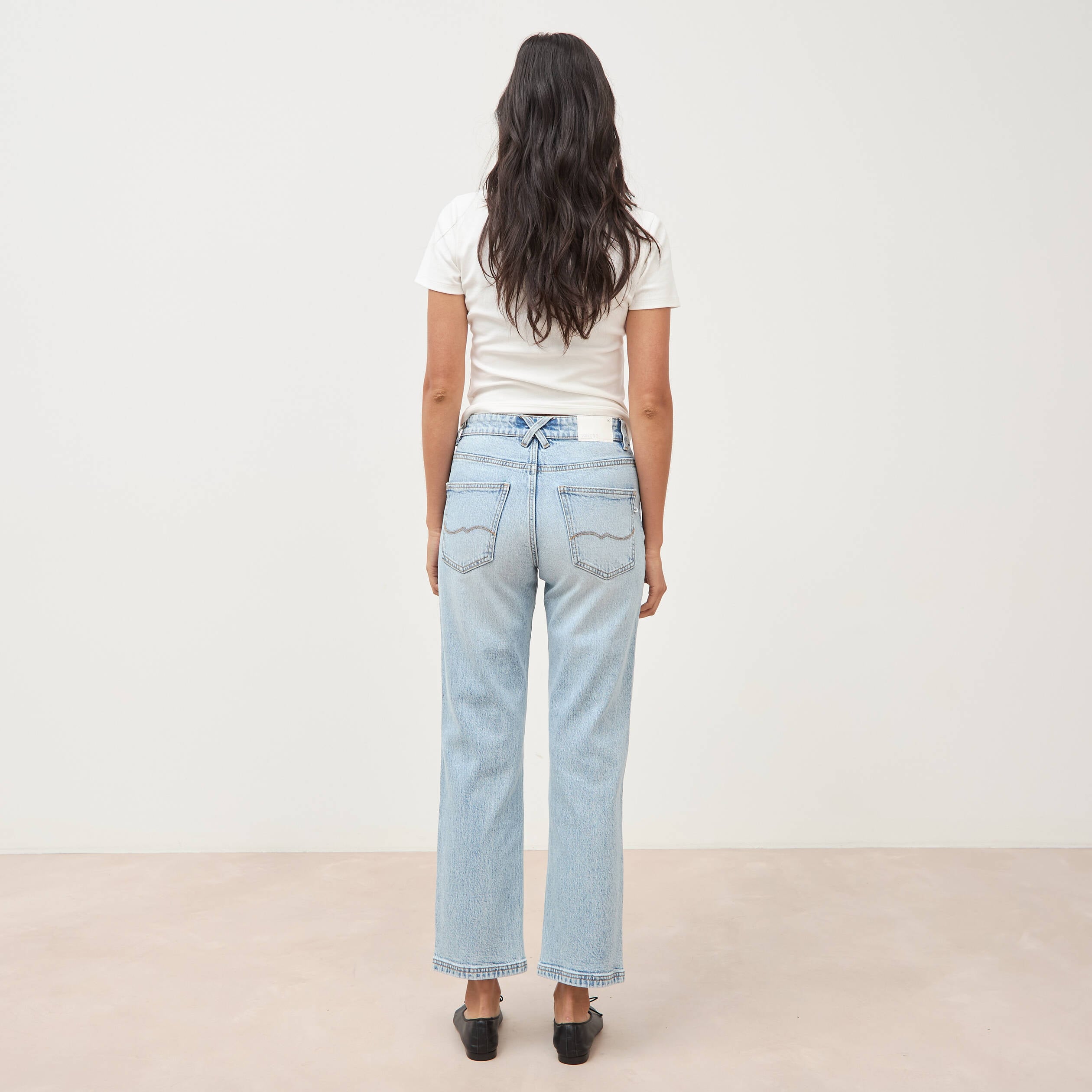 Jeans straight 7/8&egrave;me taille haute denim bleach femme