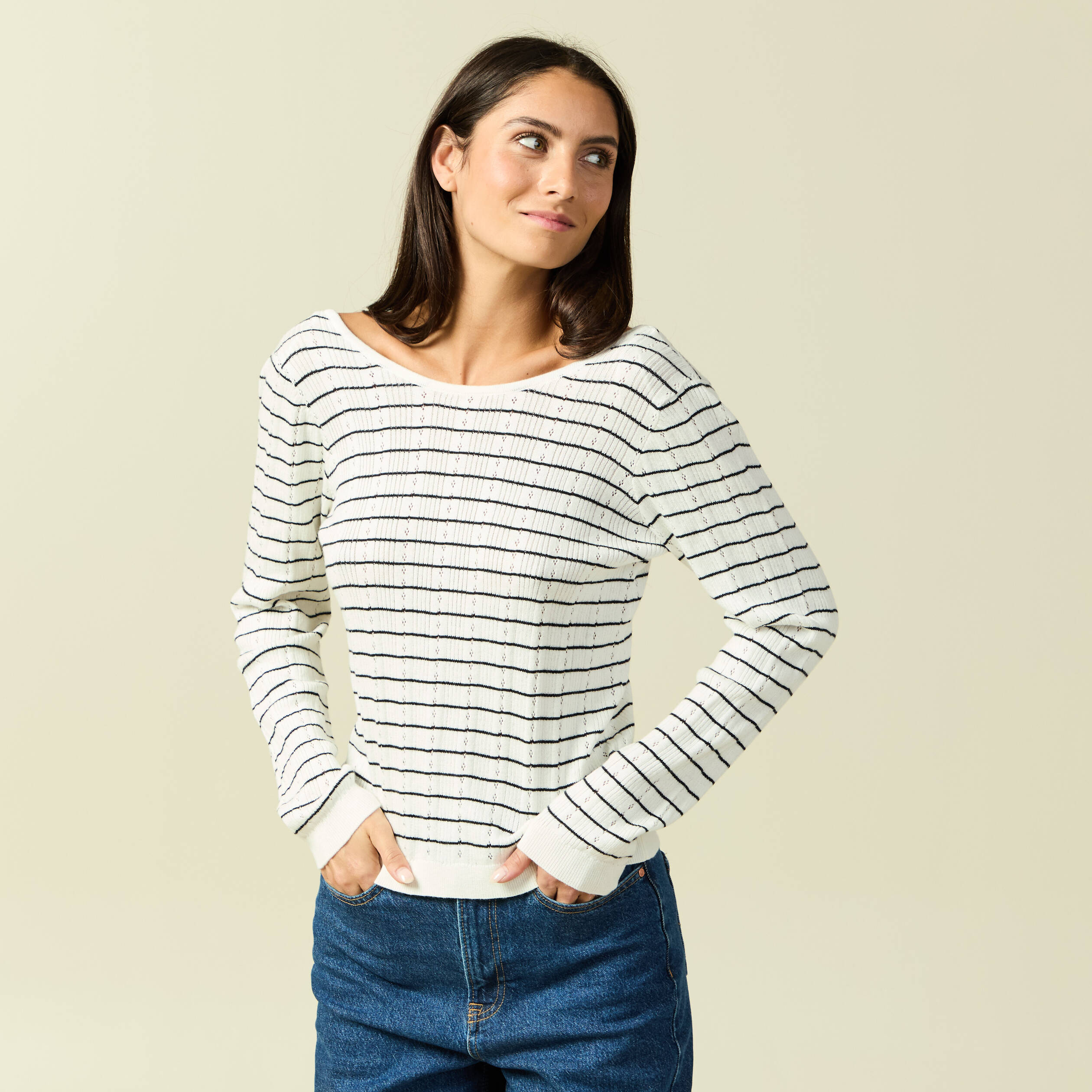 Marini&egrave;re manches longues col bateau ecru femme