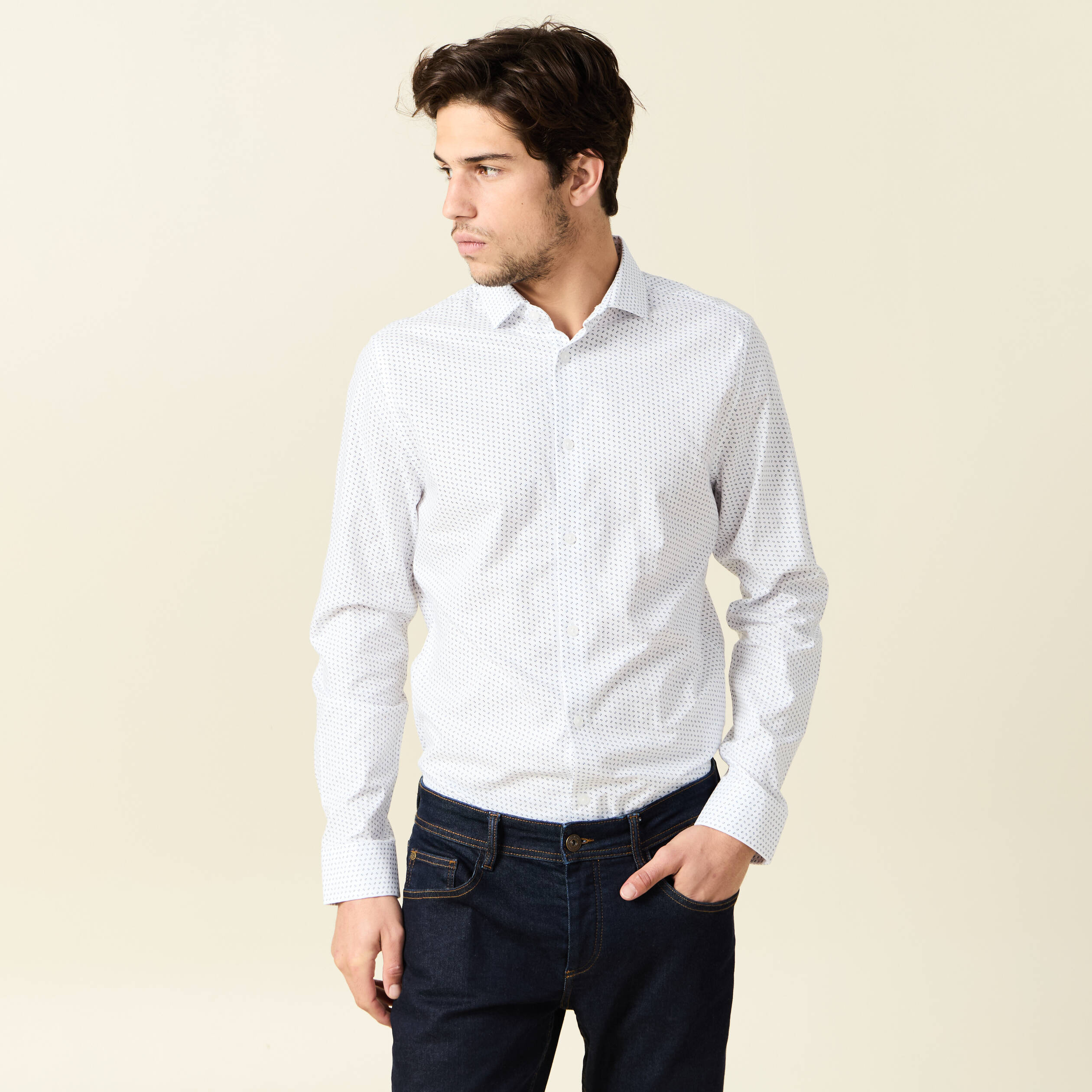 Chemise cintr&eacute;e en coton manches longues blanc homme
