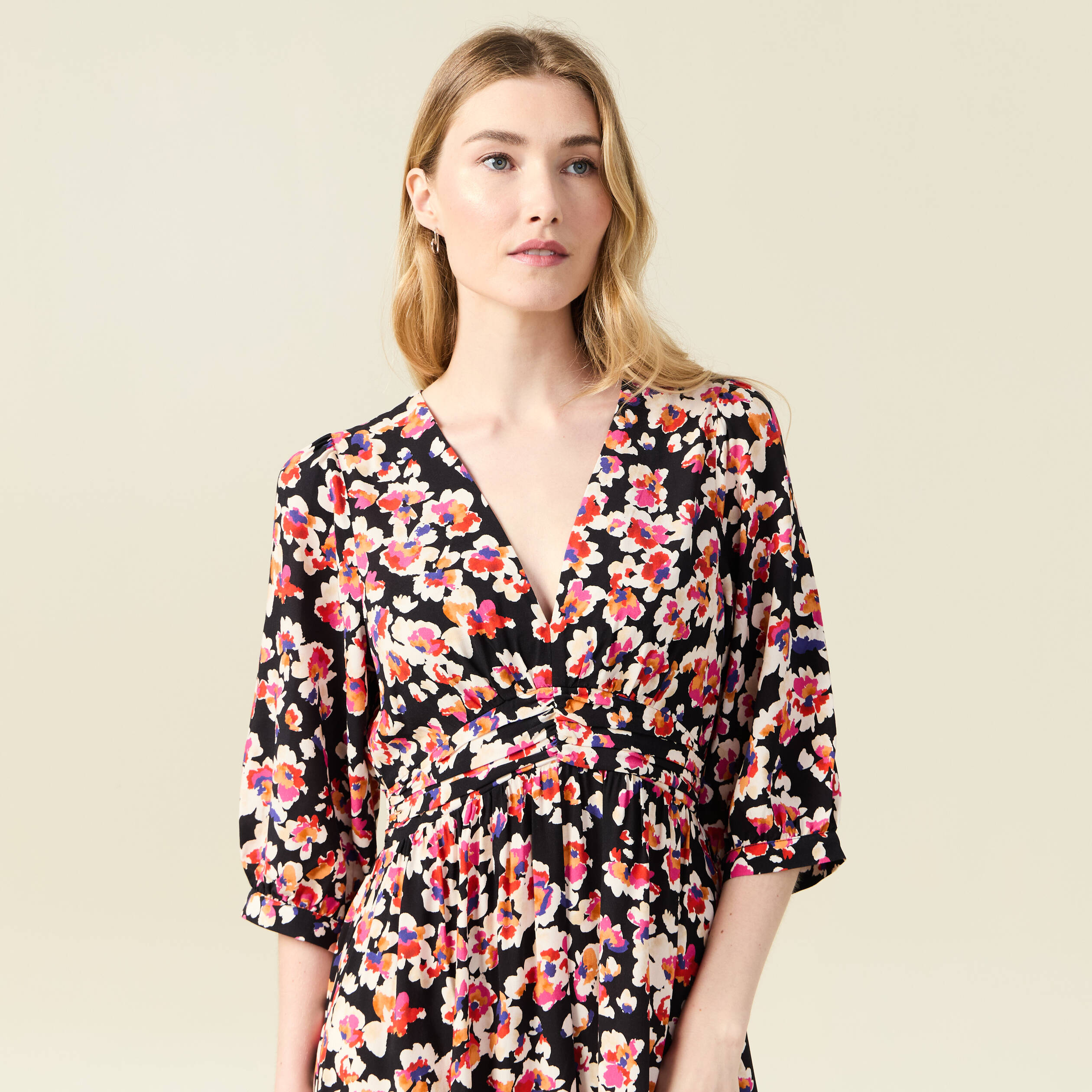 Robe longue évasée fluide noir femme