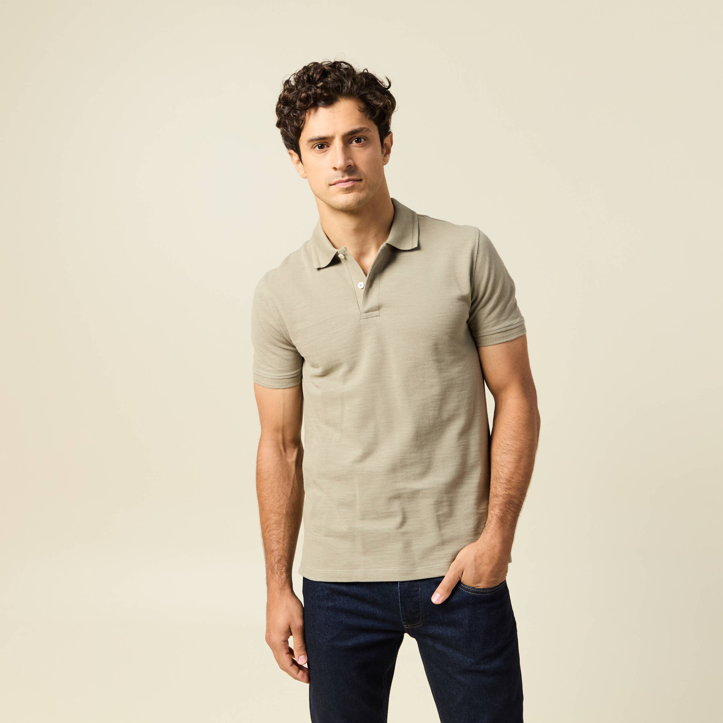 polo cintre manches courtes en coton vert kaki homme Polo cintré manches courtes en coton vert kaki homme