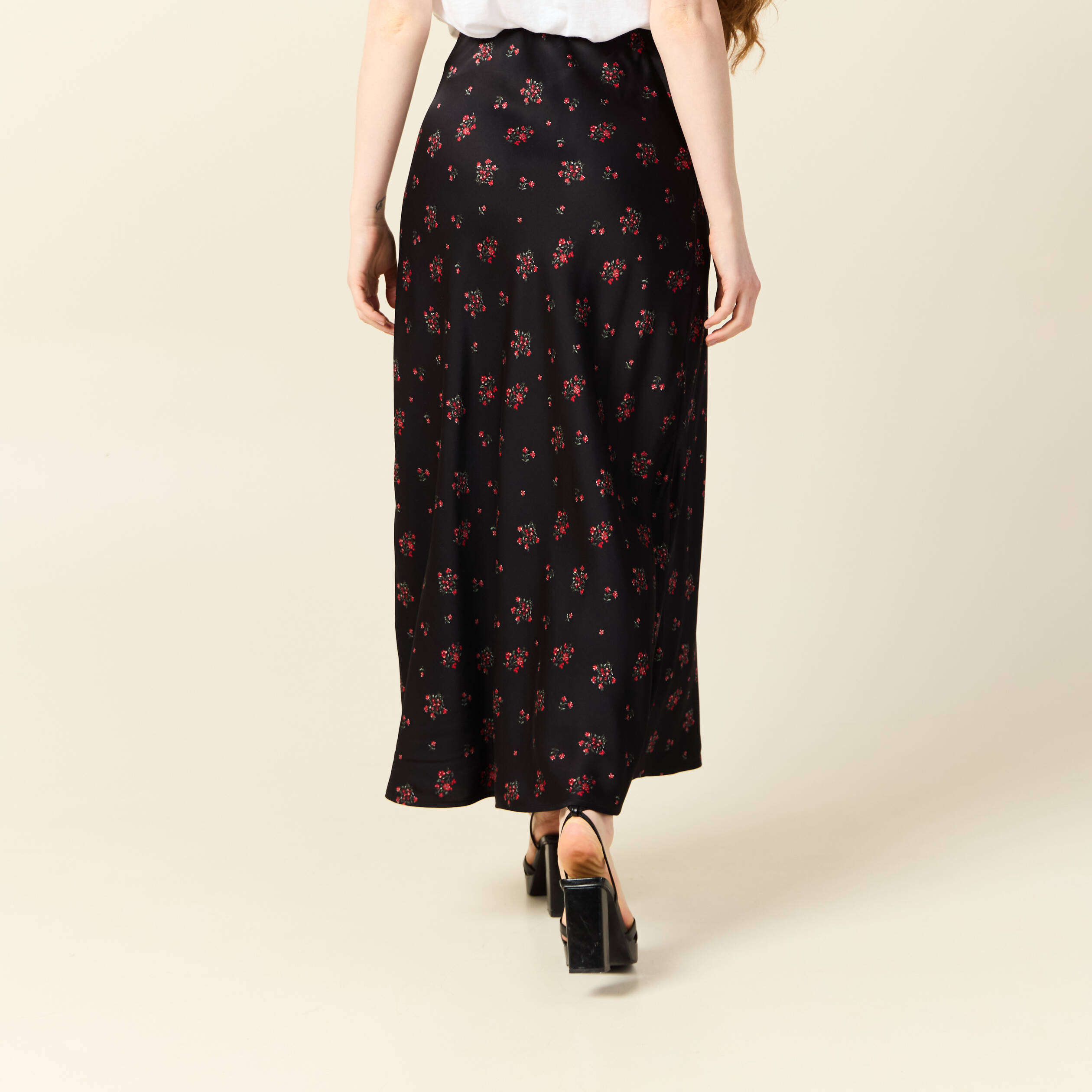 Jupe longue droite satin noir femme