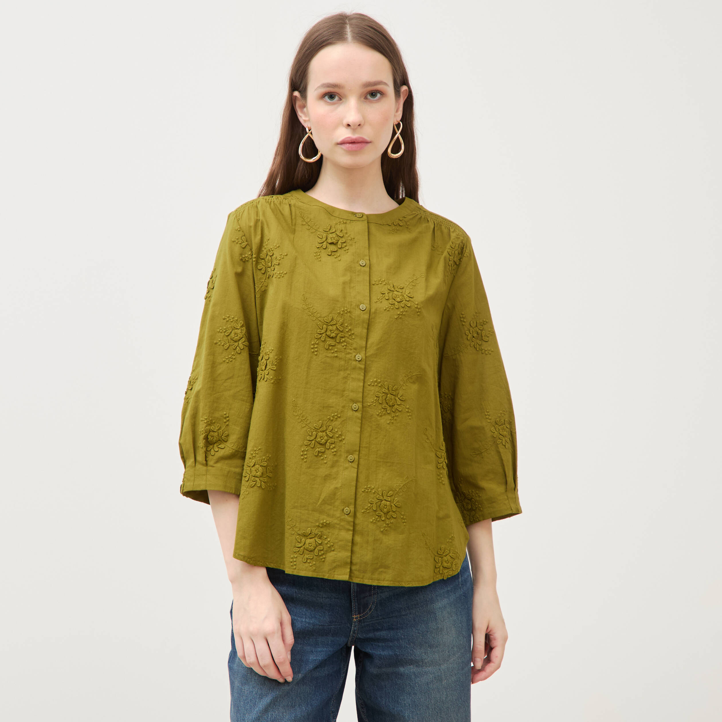 Chemise en coton manches 3/4 vert kaki femme