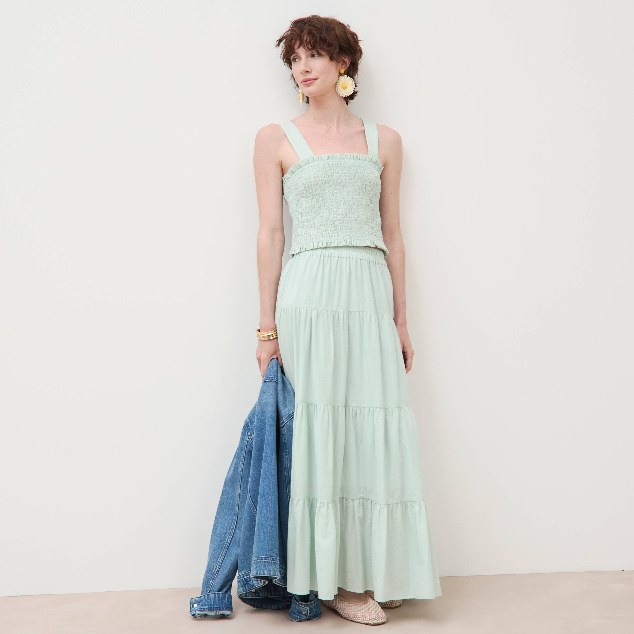 Jupe longue &eacute;vas&eacute;e en coton doubl&eacute;e vert pastel femme