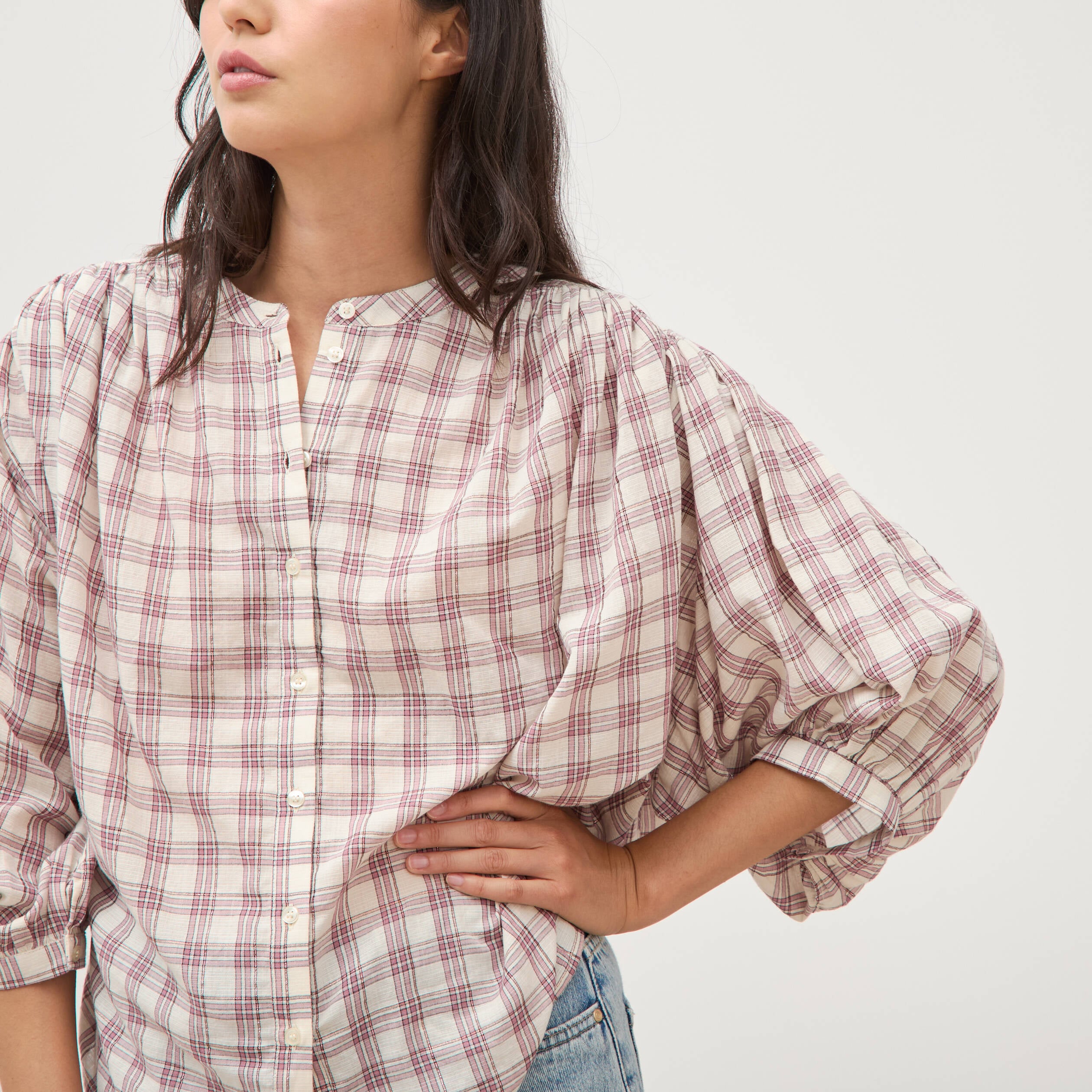 Chemise oversize &agrave; carreaux marron cognac femme