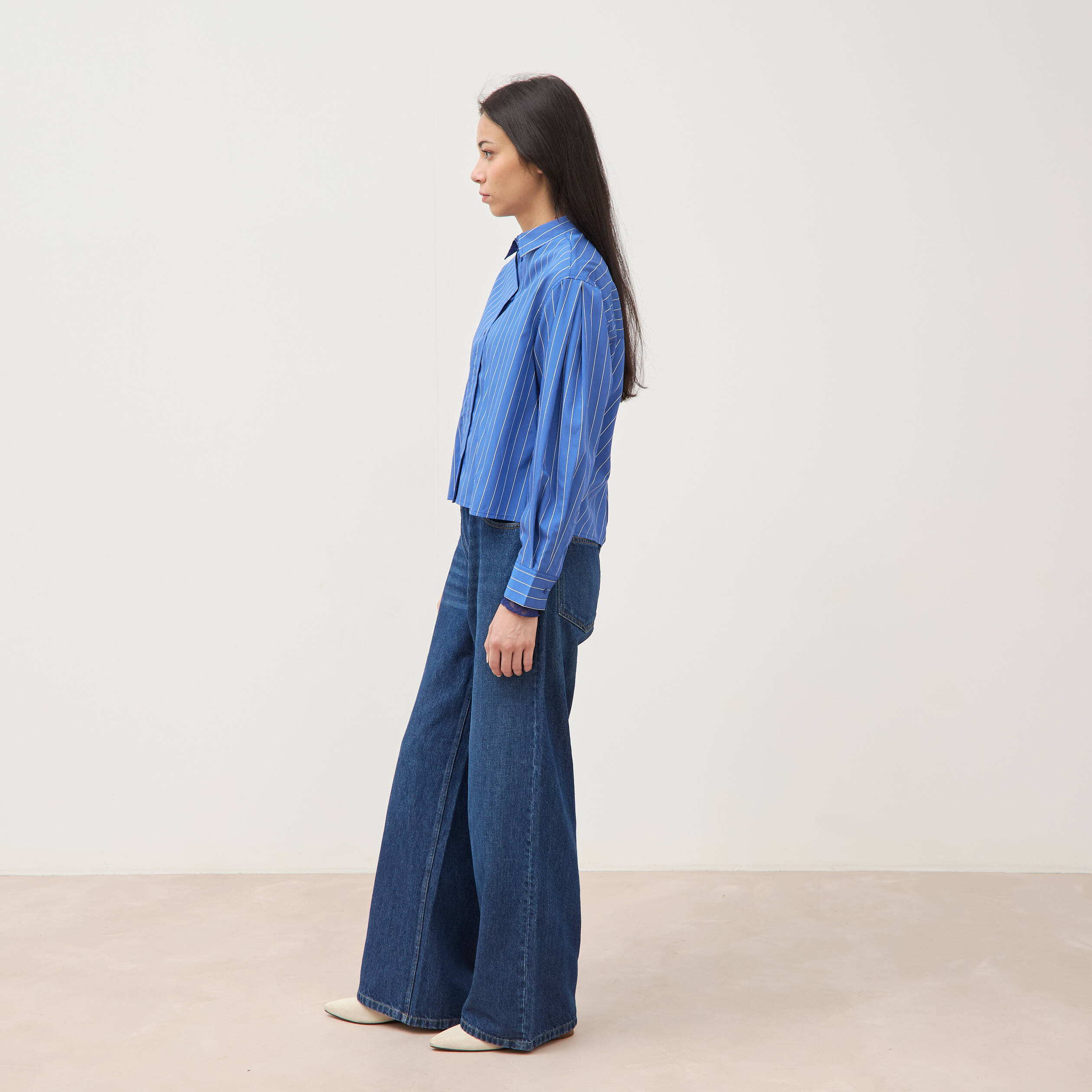 Chemise droite manches longues ray&eacute;e bleu femme