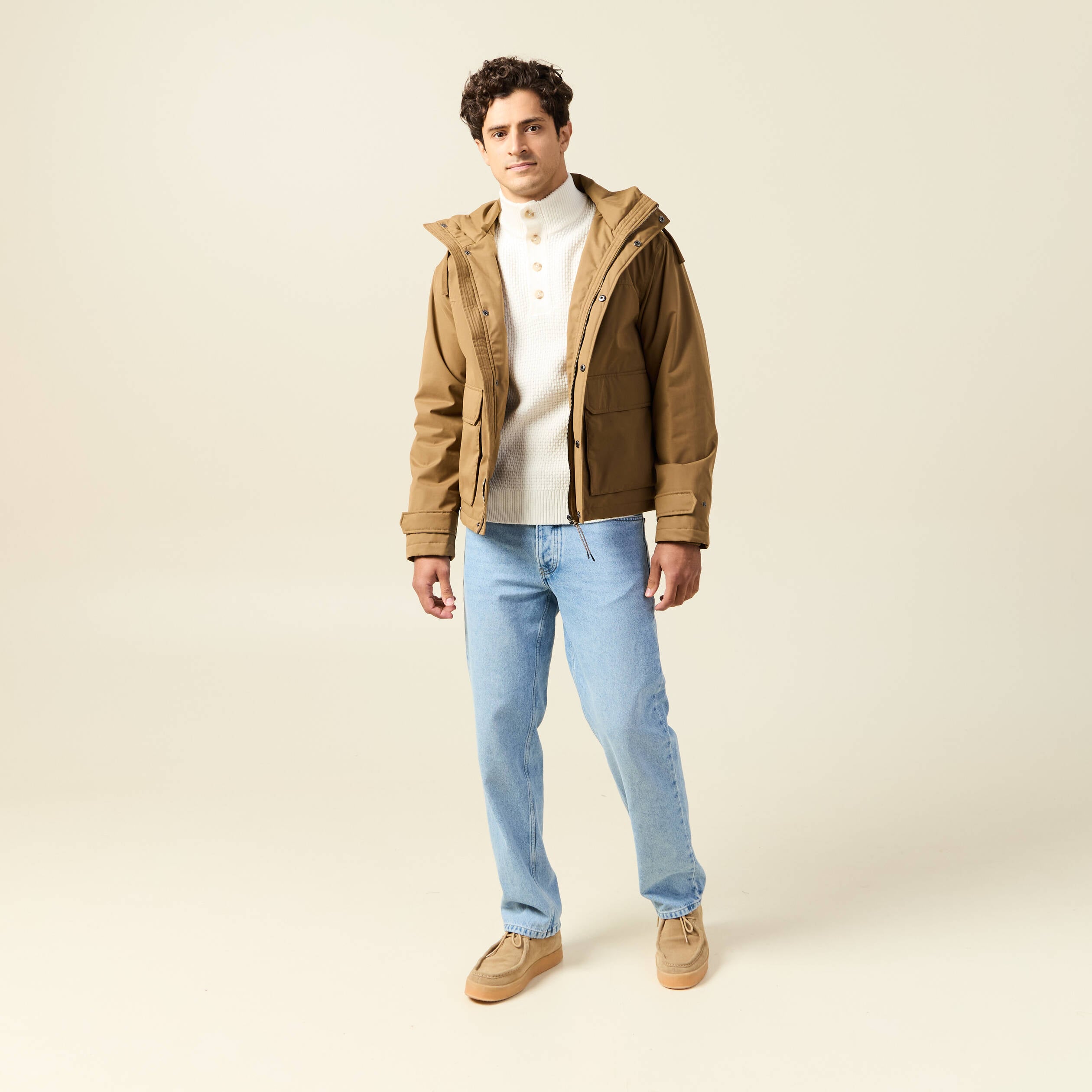 Parka droite courte &agrave; capuche beige homme