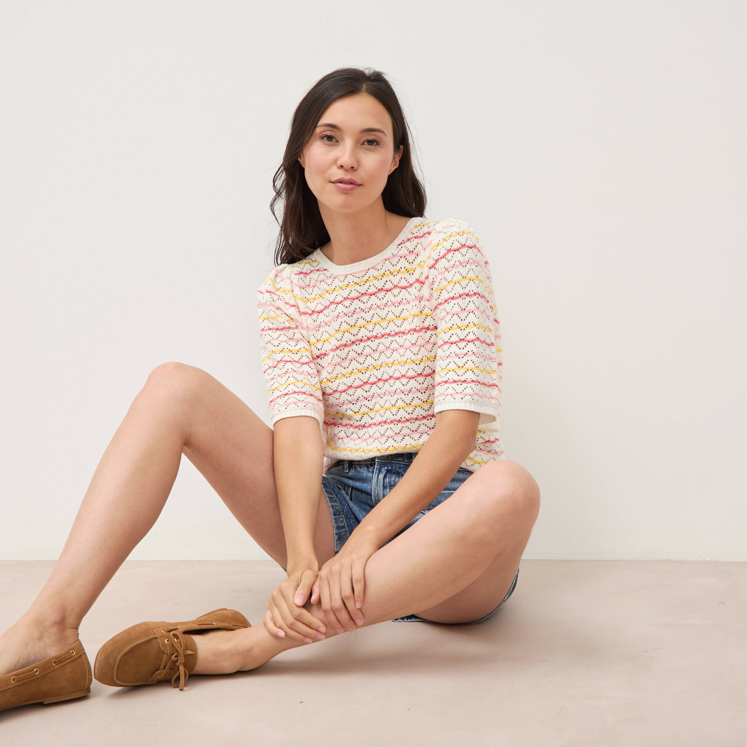 Pull col bateau manches courtes rose femme