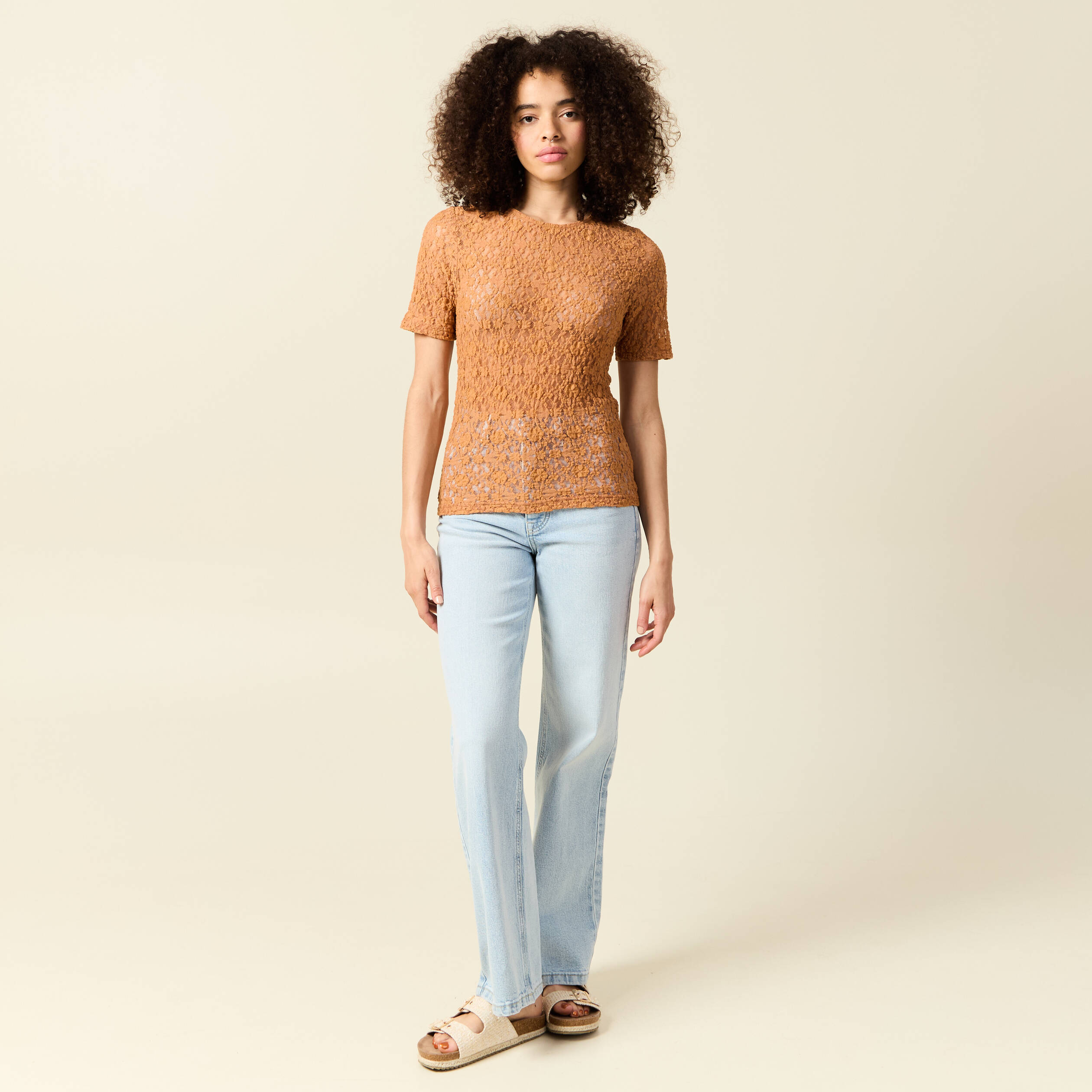 t shirt cintre col rond dentelle terracotta femme T-shirt cintré col rond dentelle terracotta femme