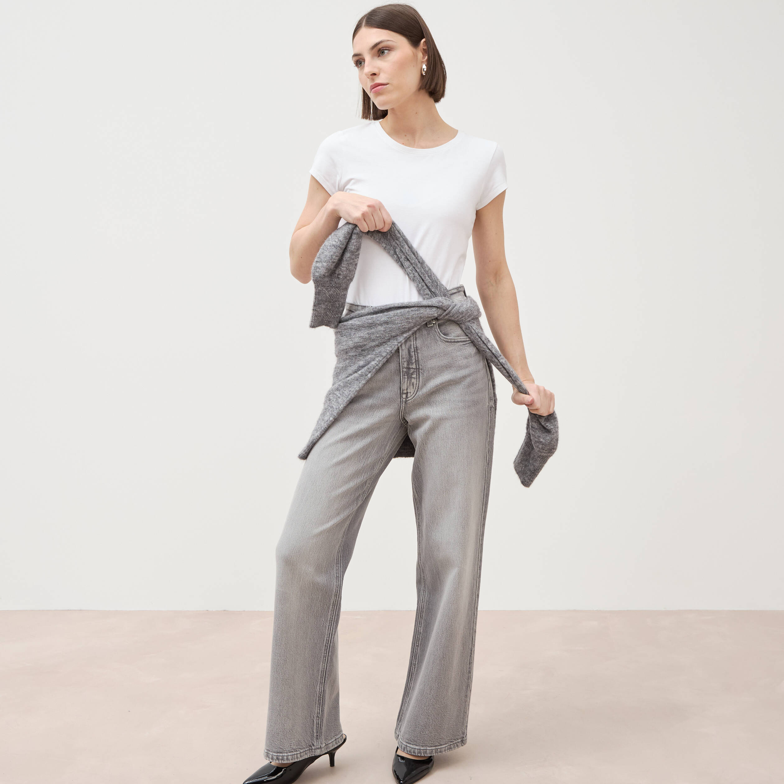 Jeans large taille haute denim gris femme