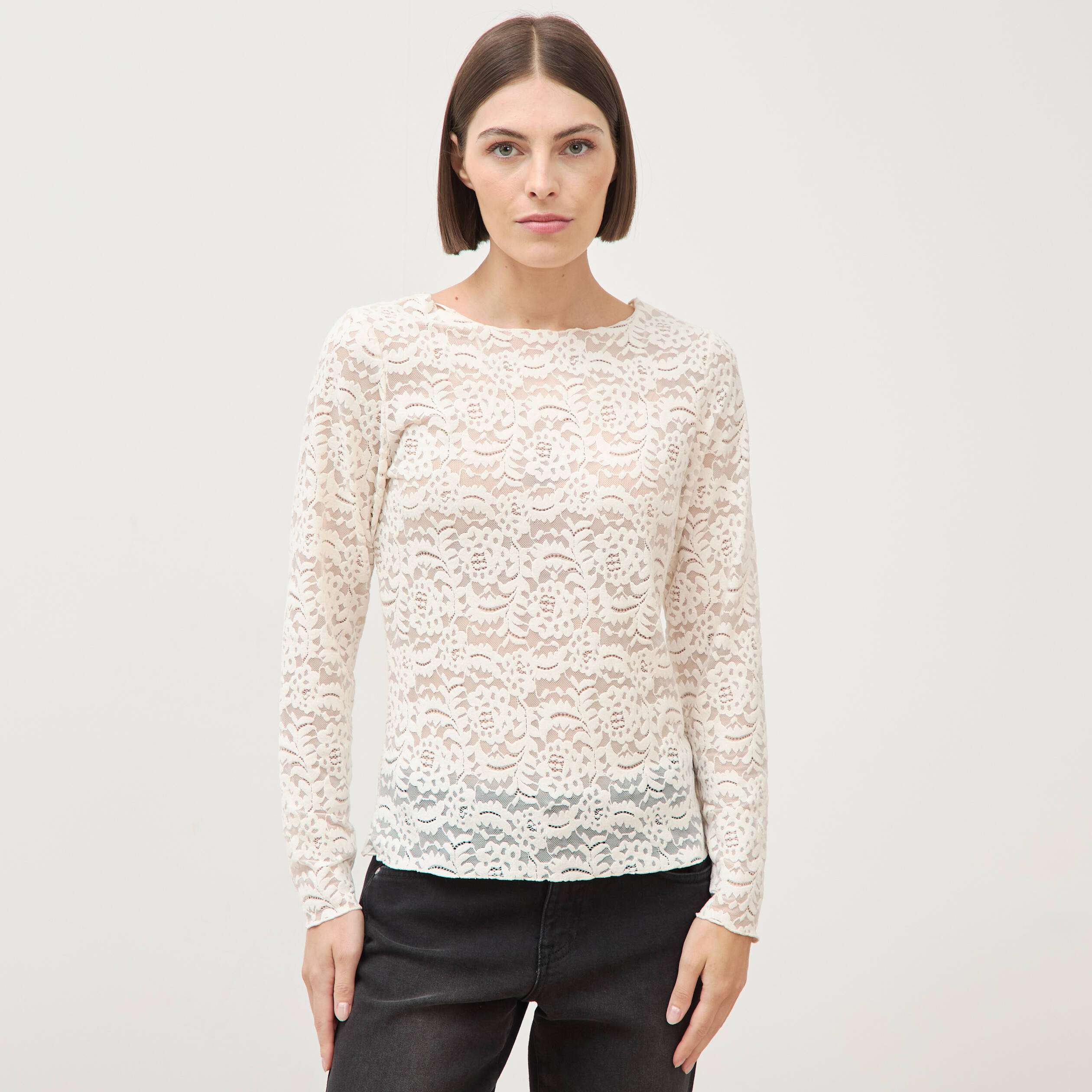 Blouse droite col bateau dentelle ivoire femme