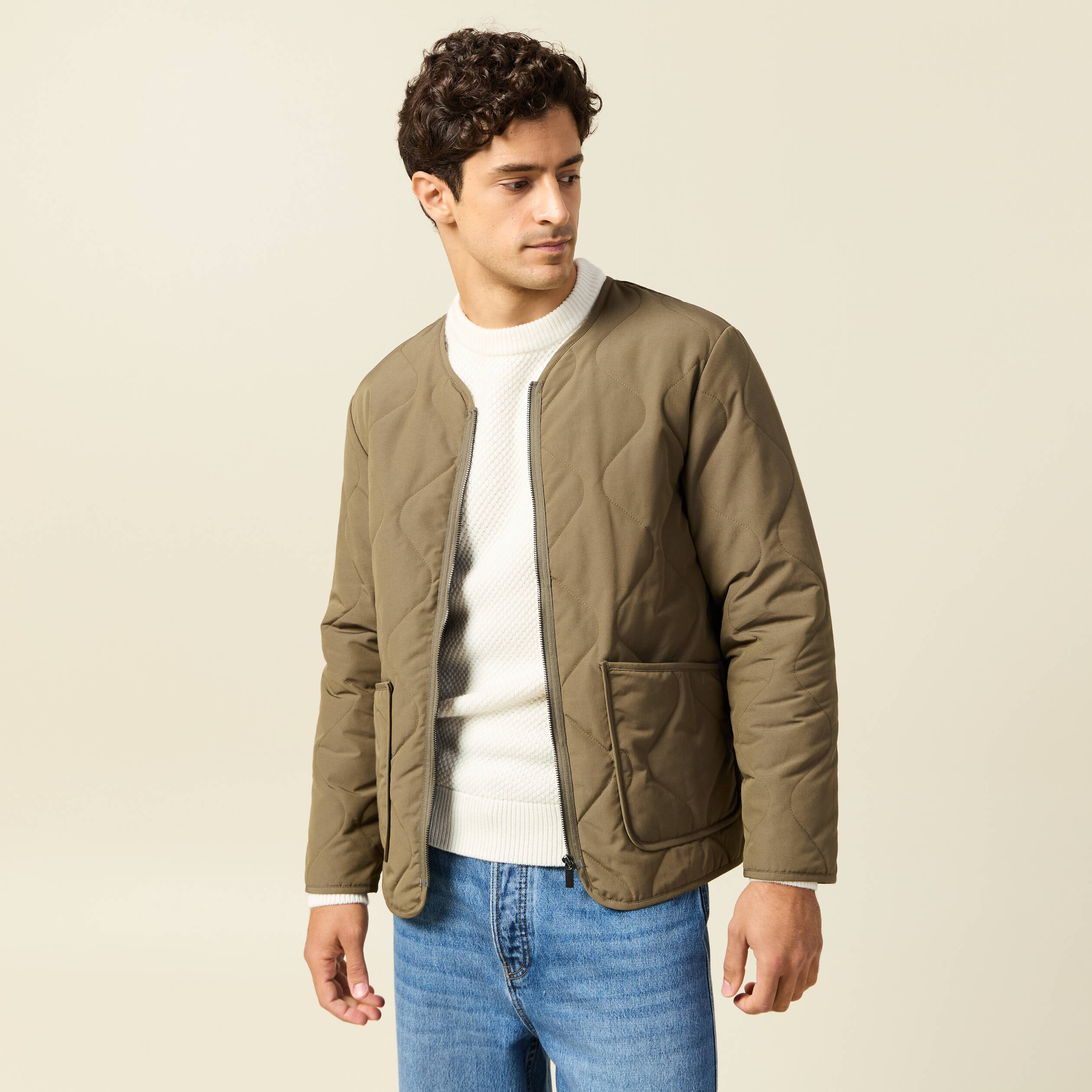 Doudoune manches longues doubl&eacute;e vert kaki homme
