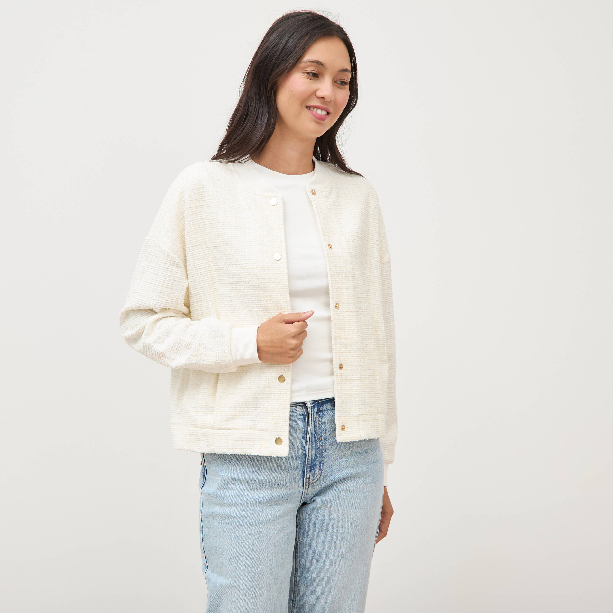 Veste droite manches longues tweed ecru femme