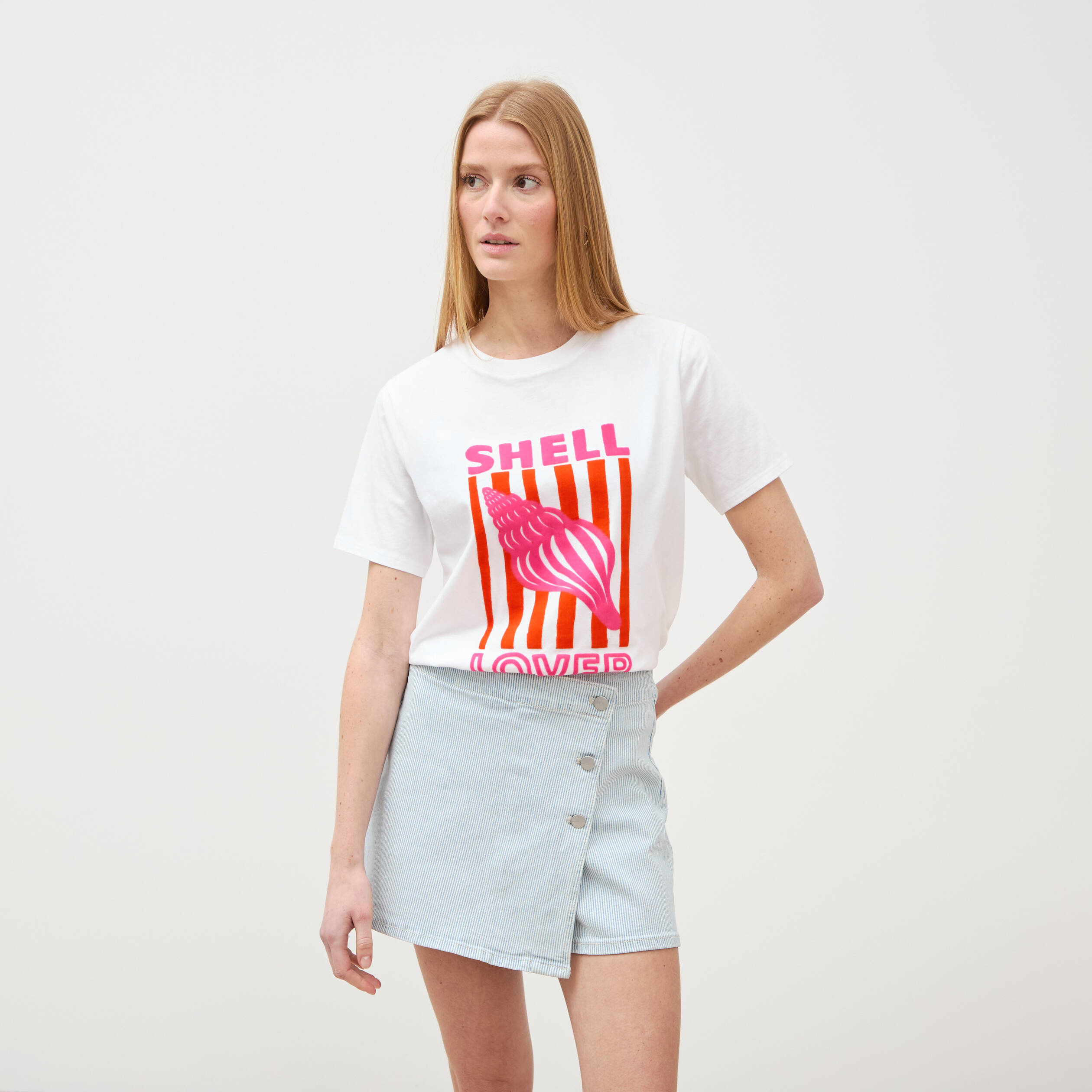 Jupe-short taille haute en jeans denim bleach femme