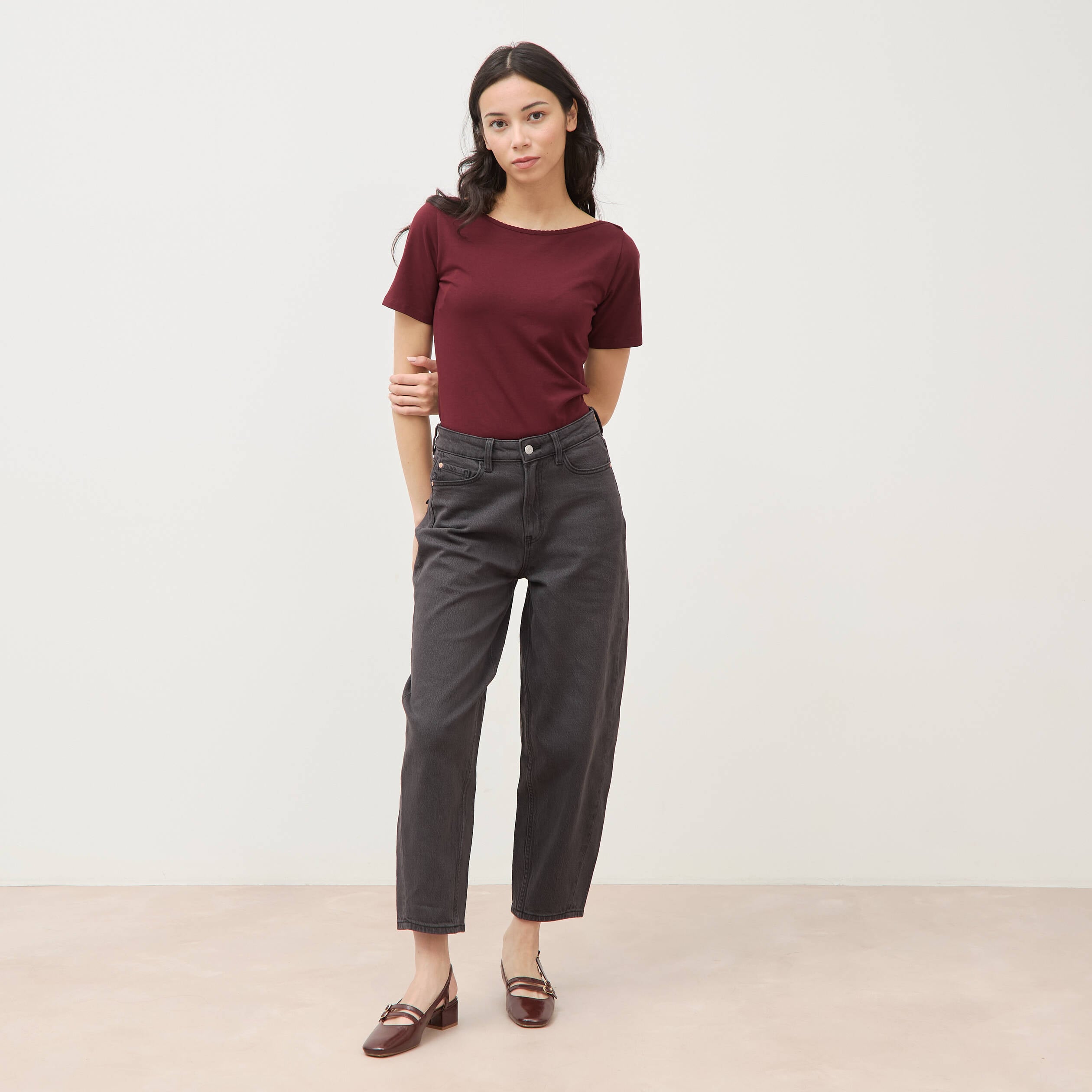 Jeans barrel taille haute 7/8&egrave;me denim gris femme