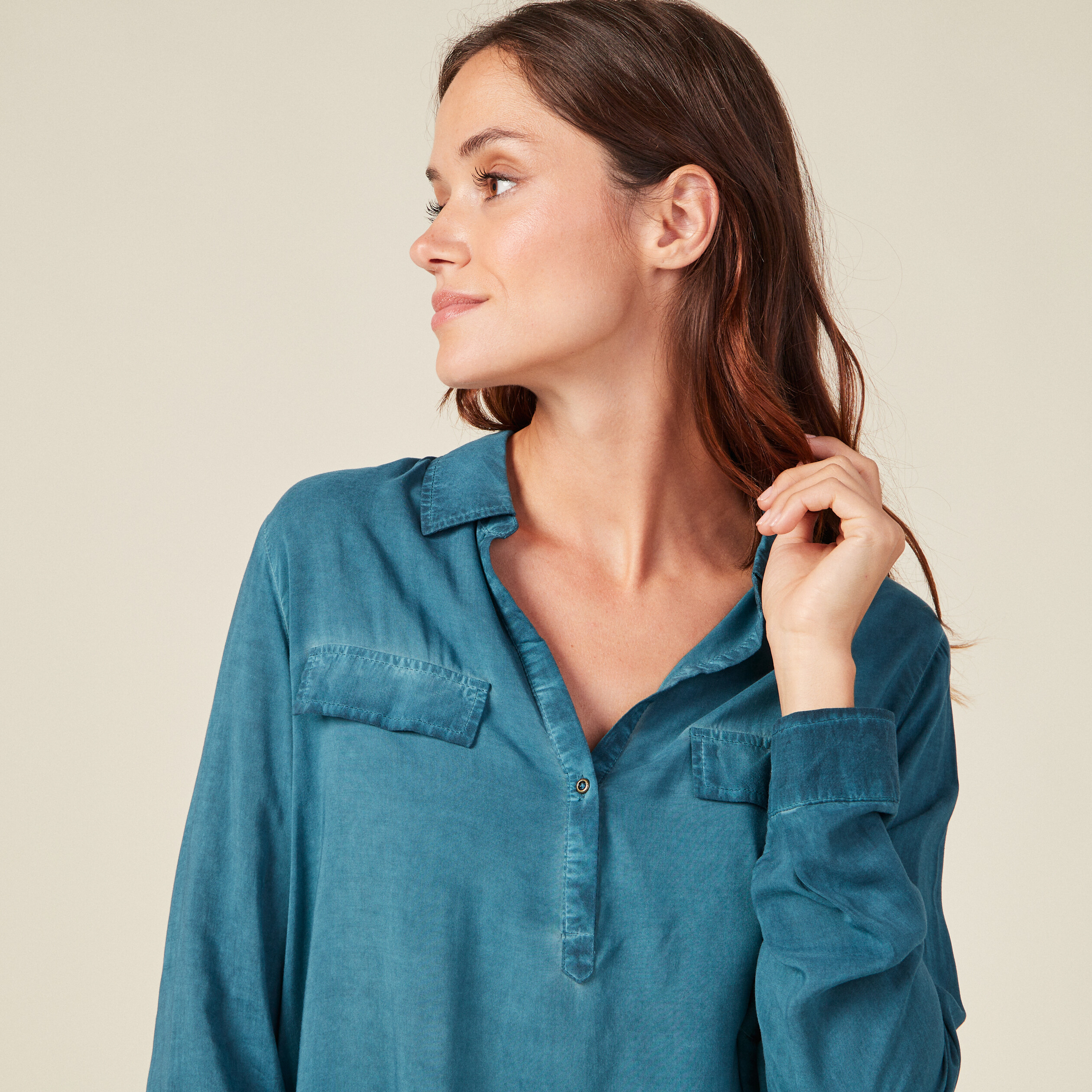 Blouse manches longues poches bleu pétrole femme