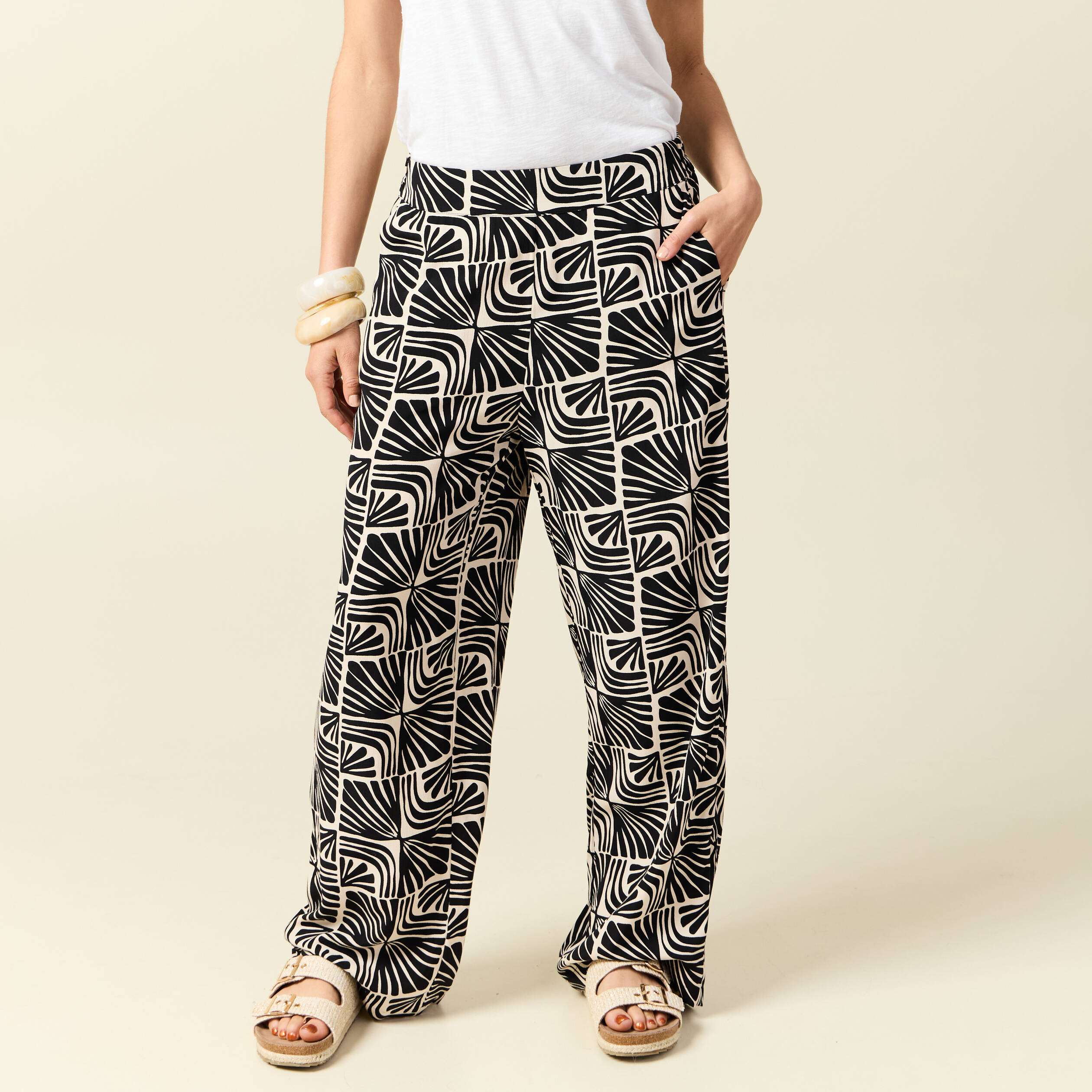 pantalon large taille haute fluide creme femme Pantalon large taille haute fluide creme femme