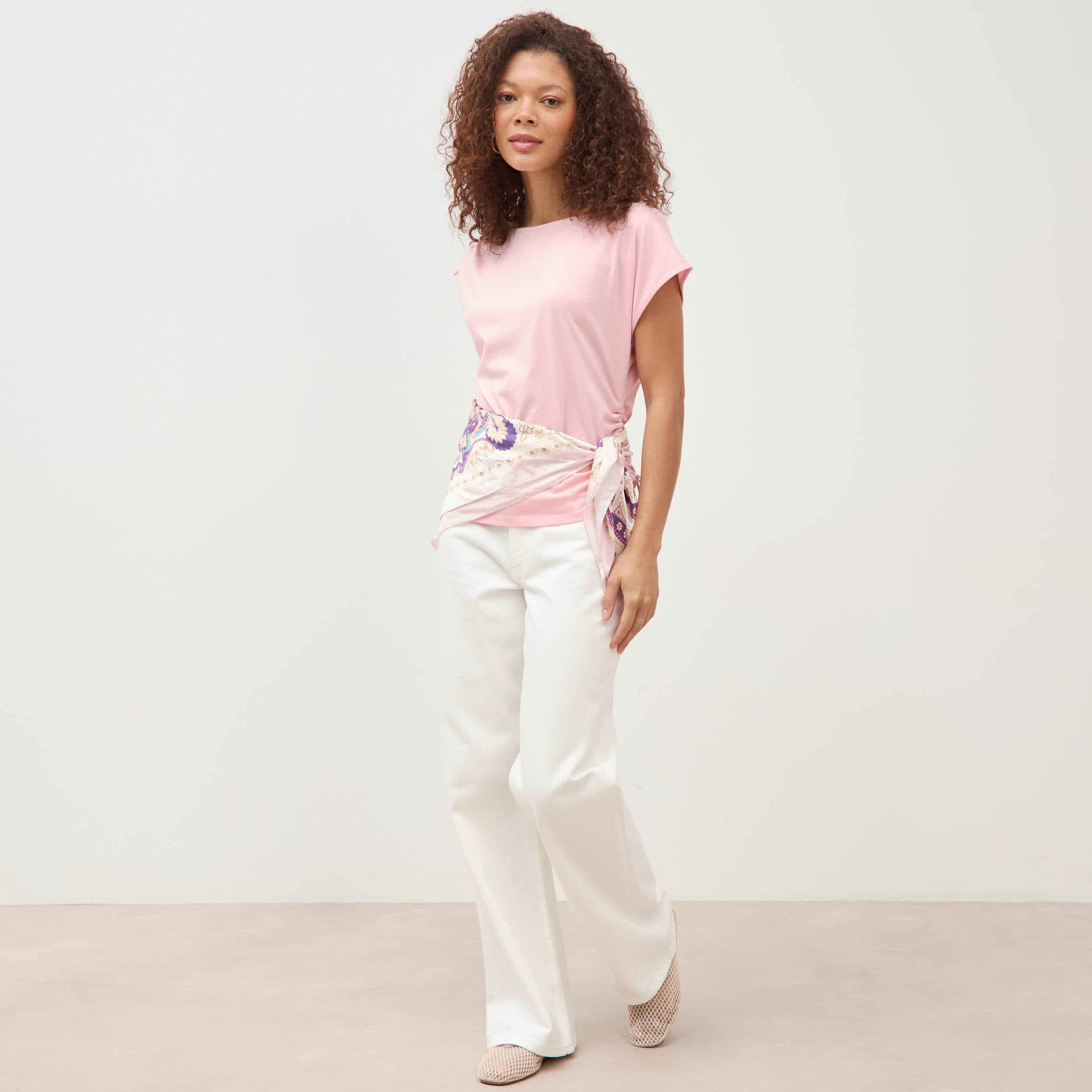 T-shirt col bateau manches courtes rose clair femme
