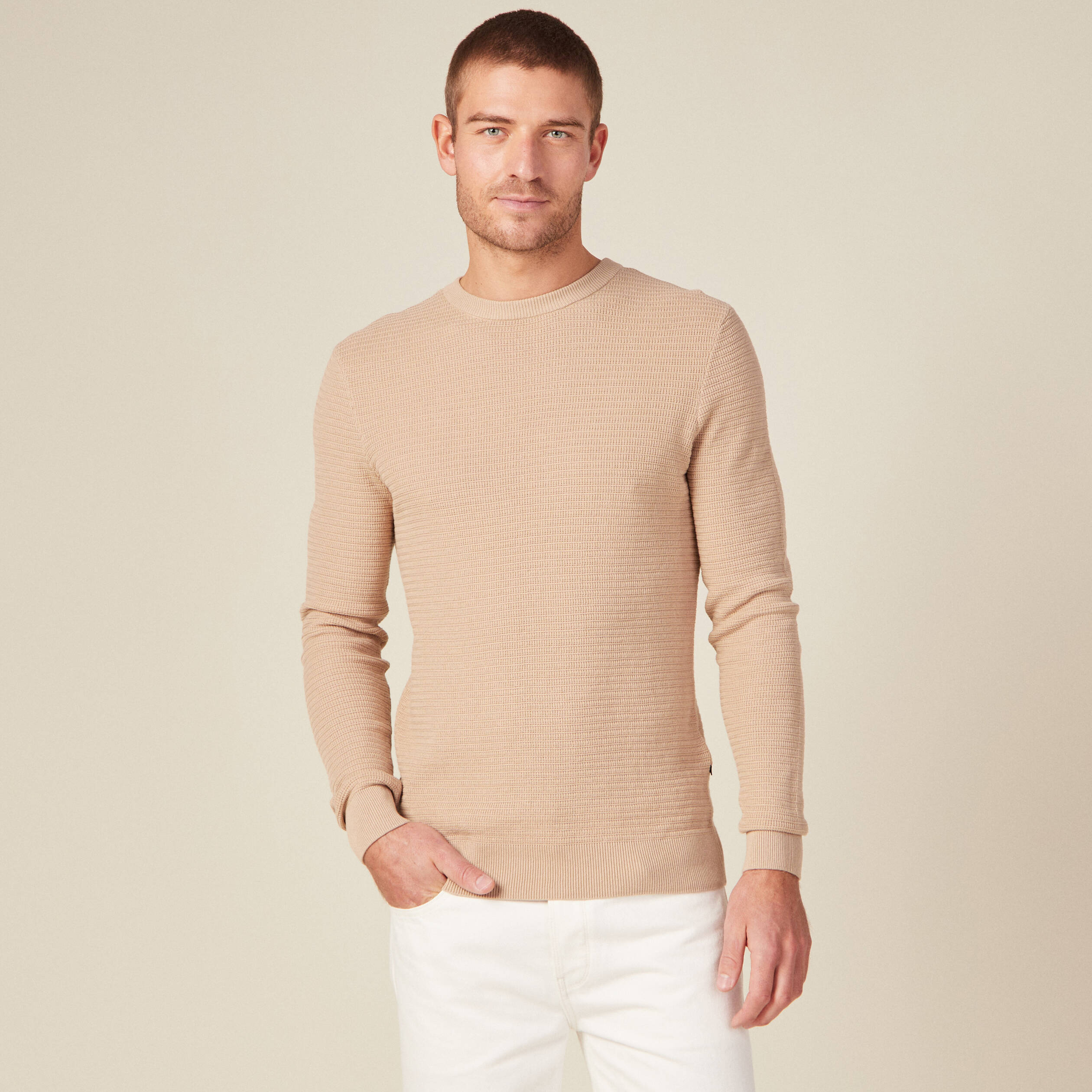 Pull manches longues col rond beige homme
