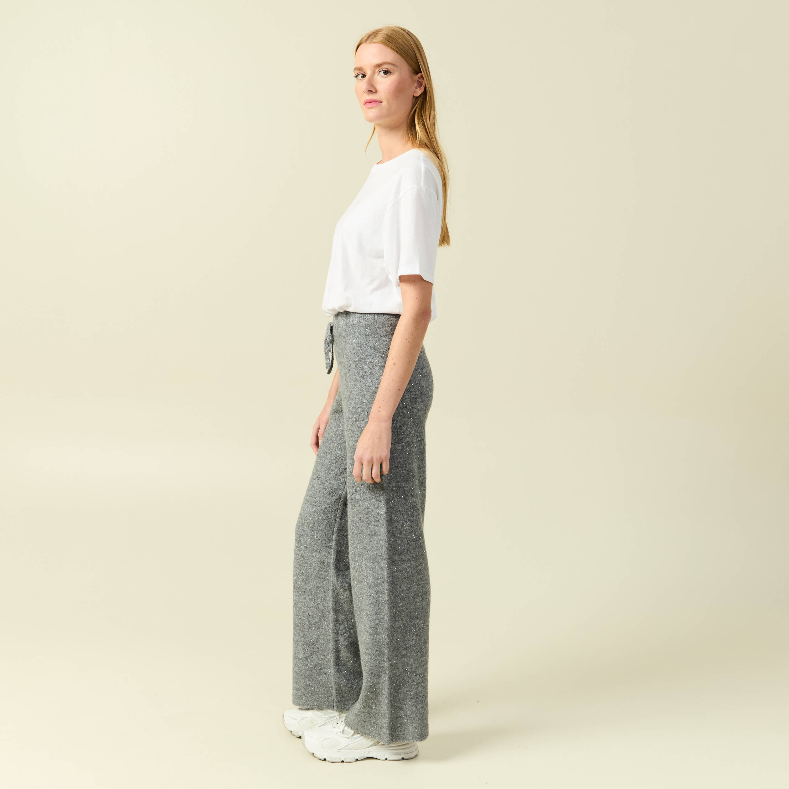 Pantalon large taille haute en maille gris femme