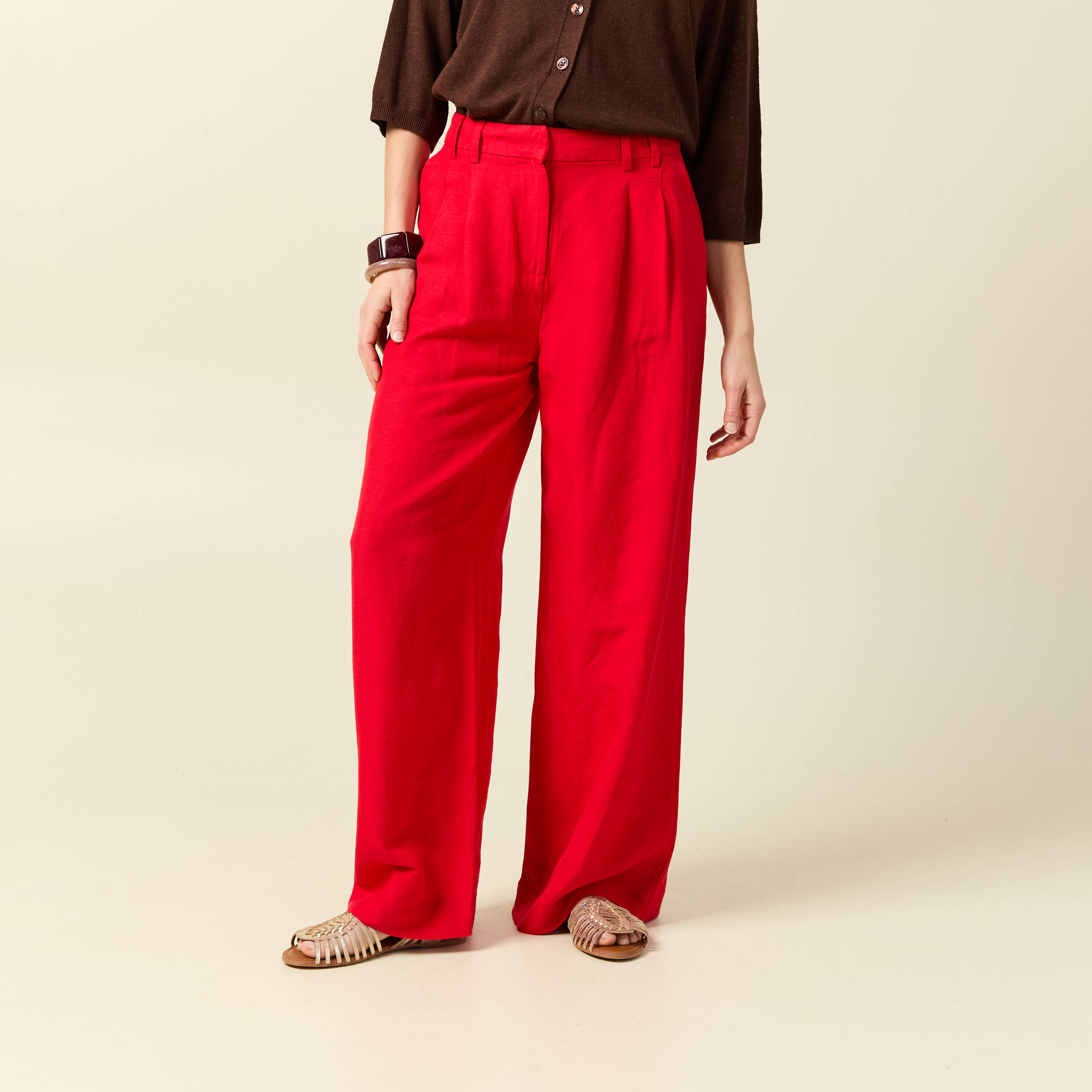 Pantalon large taille standard rouge femme