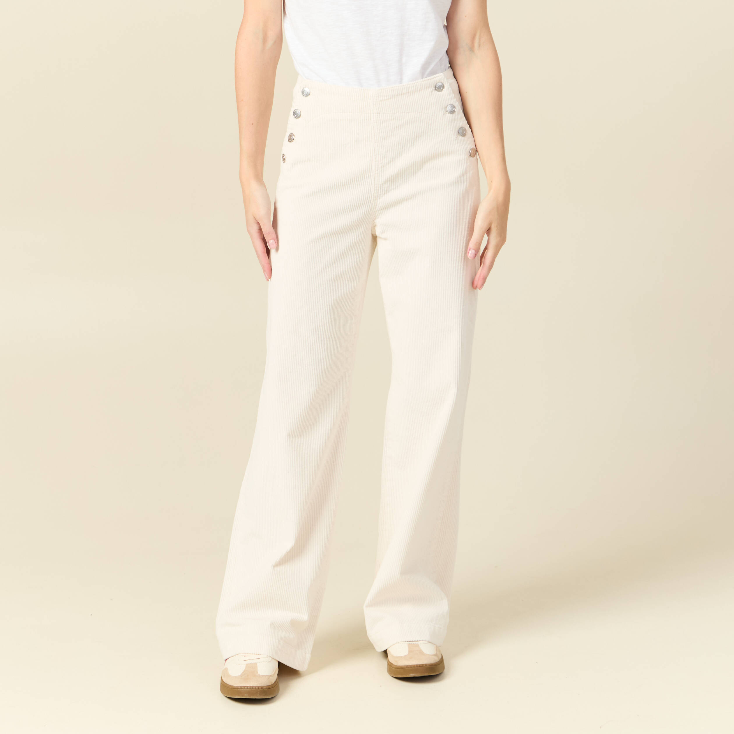 Pantalon large taille haute en velours ivoire femme