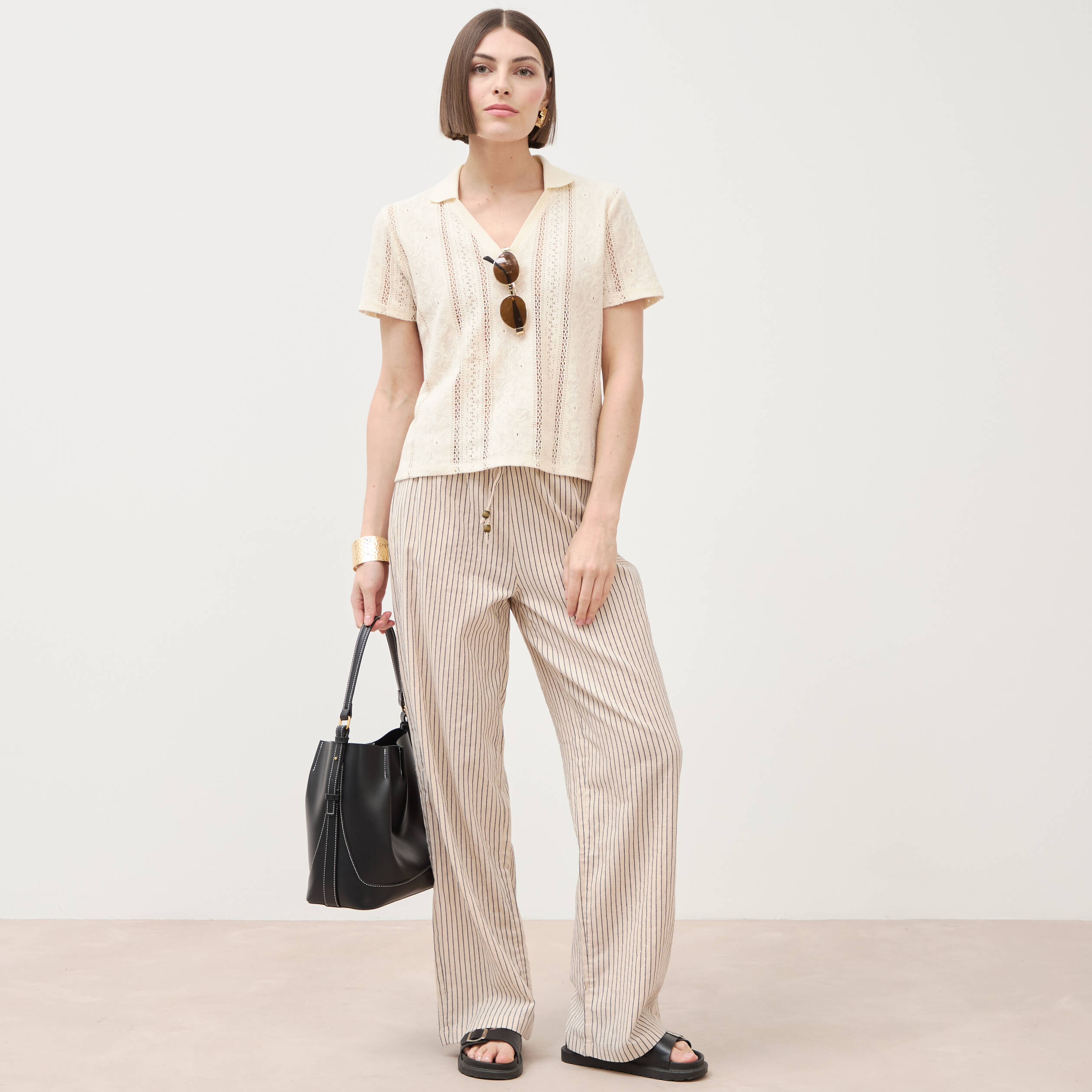 Polo ajust&eacute; manches courtes dentelle ivoire femme