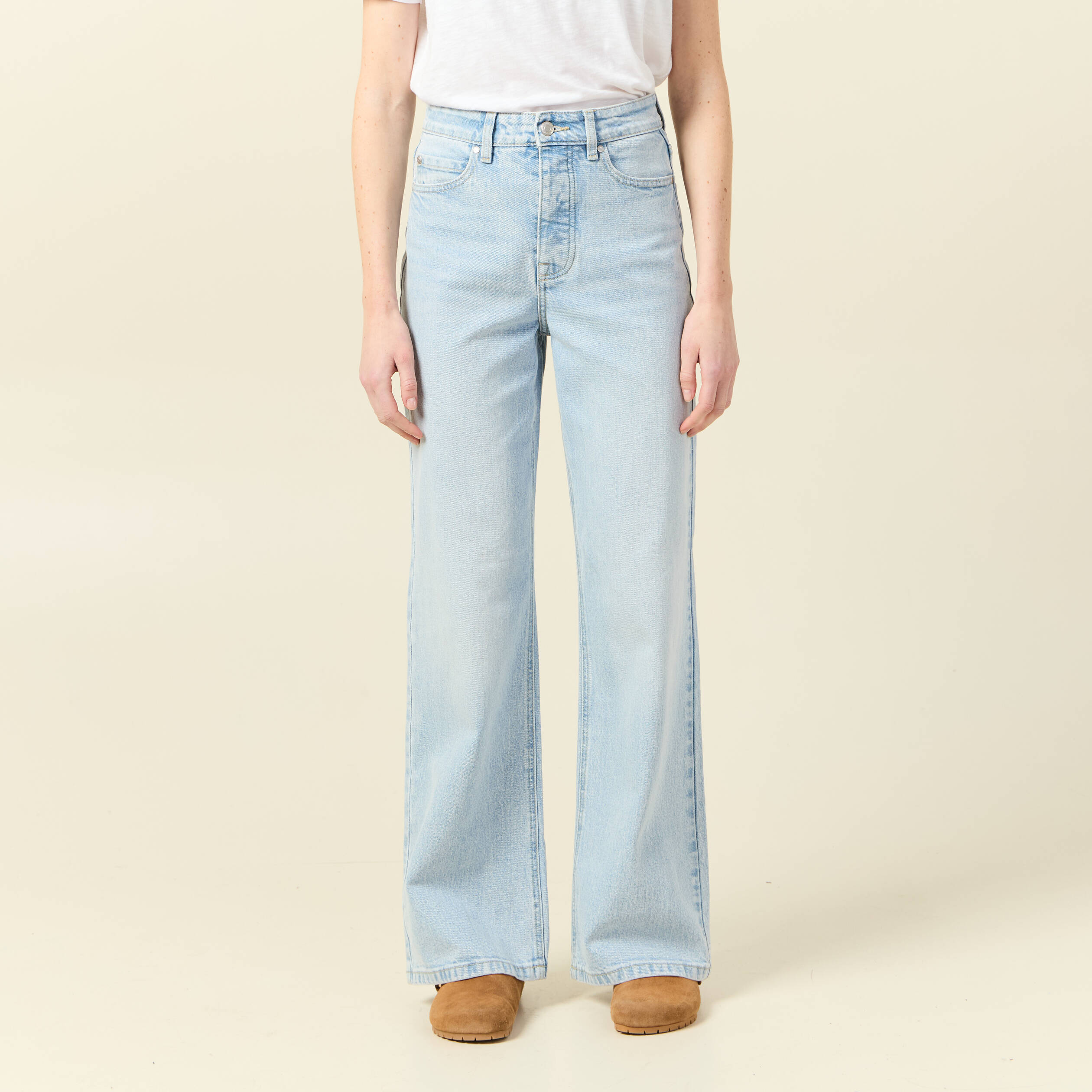 Jeans large taille haute denim bleach femme