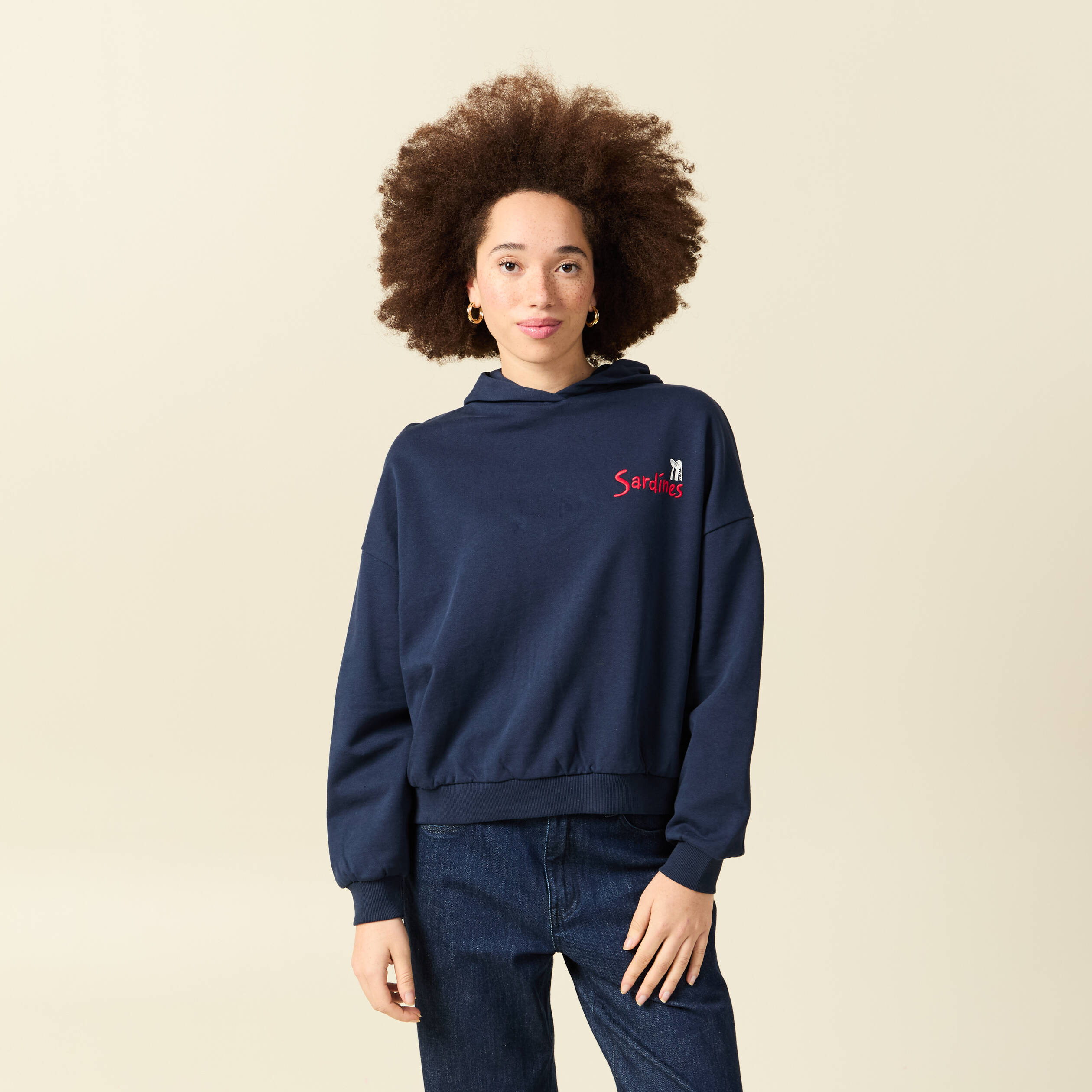 Sweat oversize &agrave; capuche en coton bleu marine femme