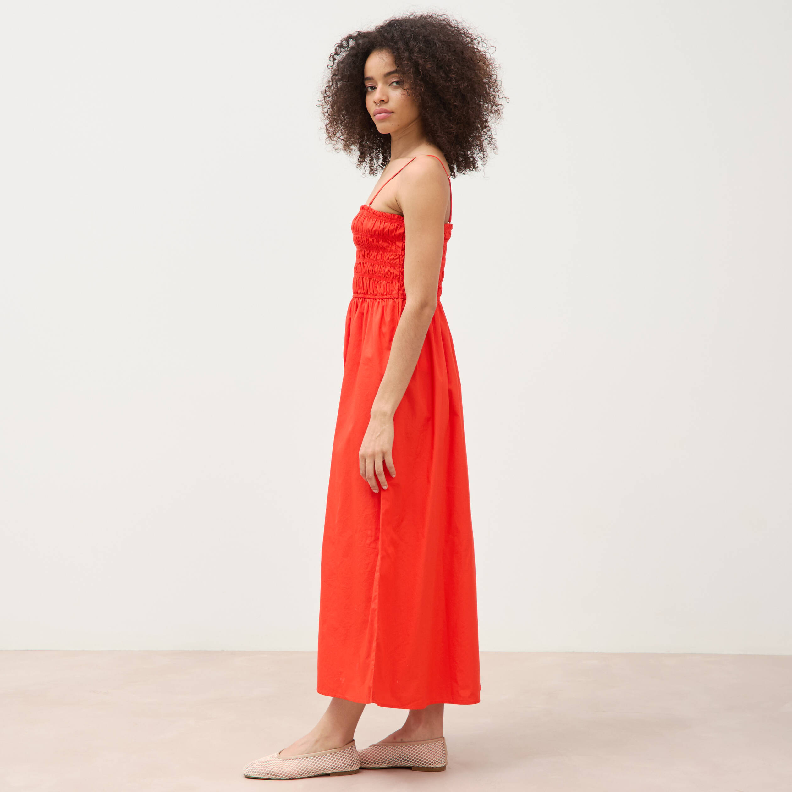 Robe bretelles col carr&eacute; en coton orange fonc&eacute; femme