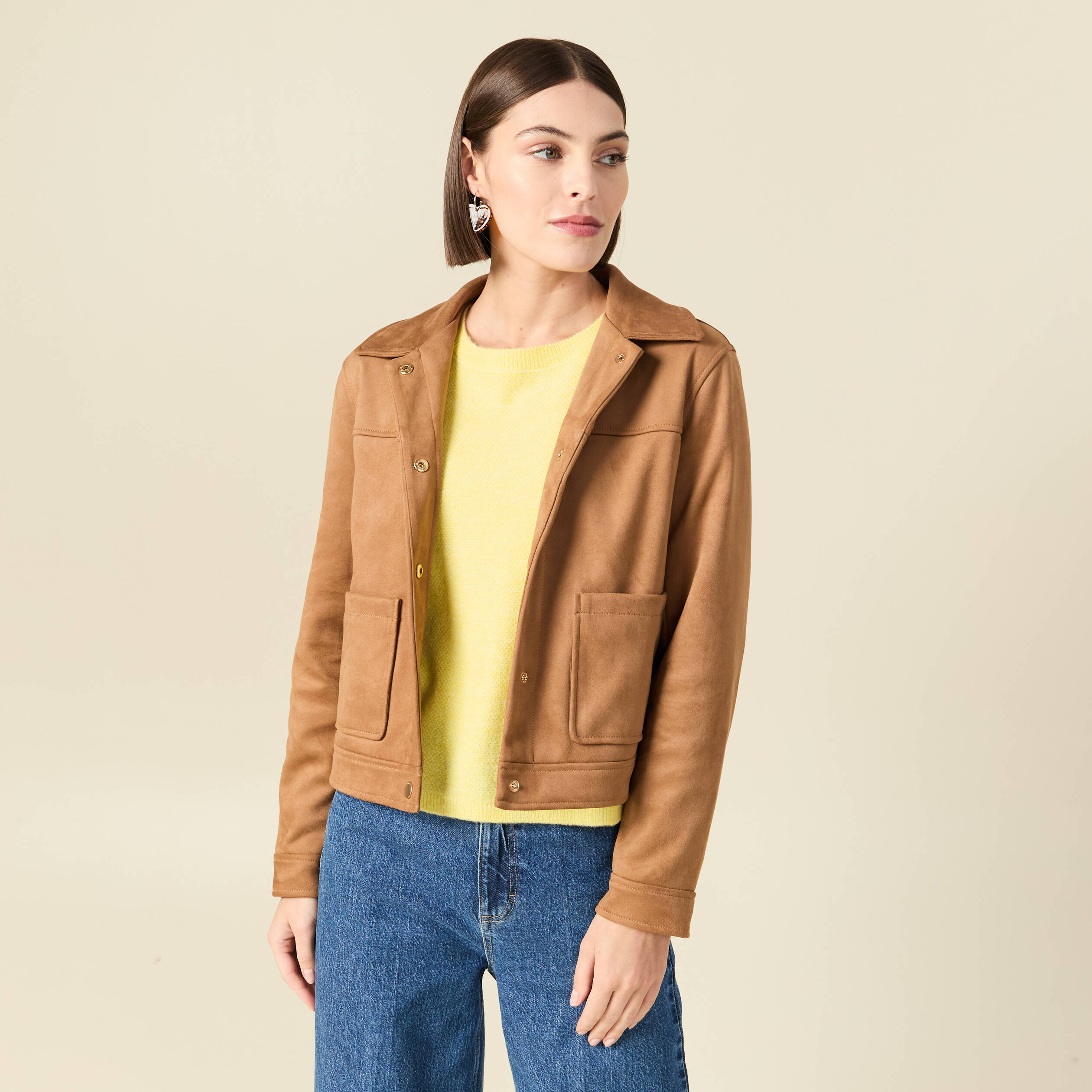 Blouson manches longues col classique marron femme