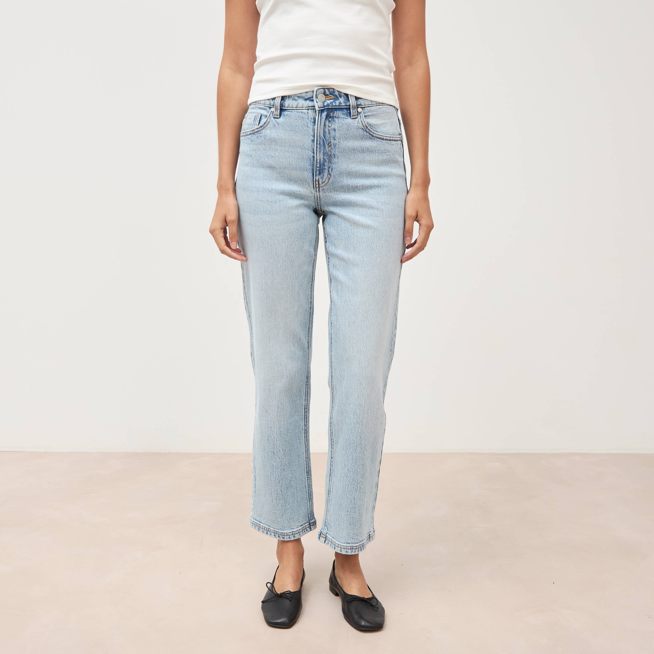 Jeans straight 7/8&egrave;me taille haute denim bleach femme