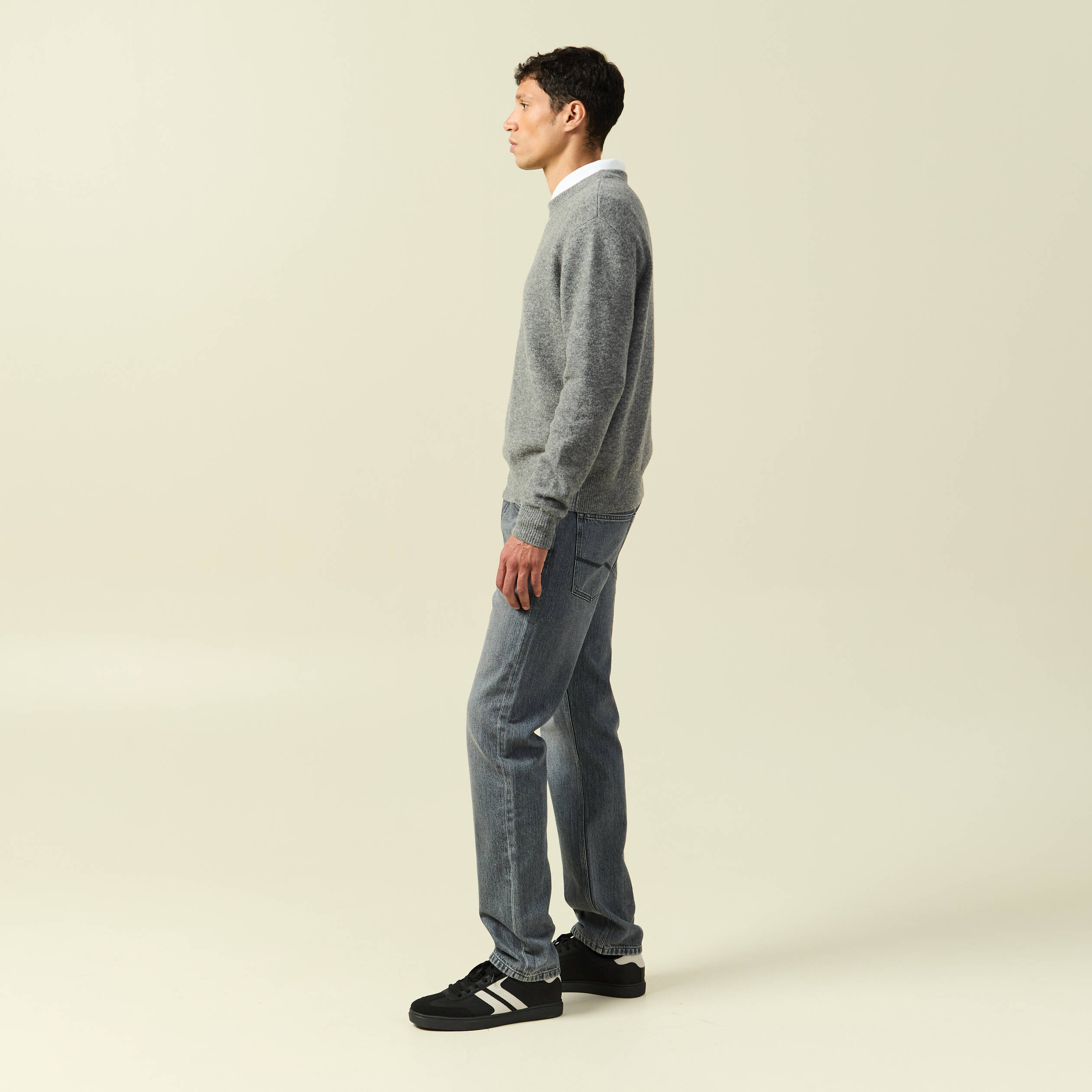Pull manches longues col rond gris homme