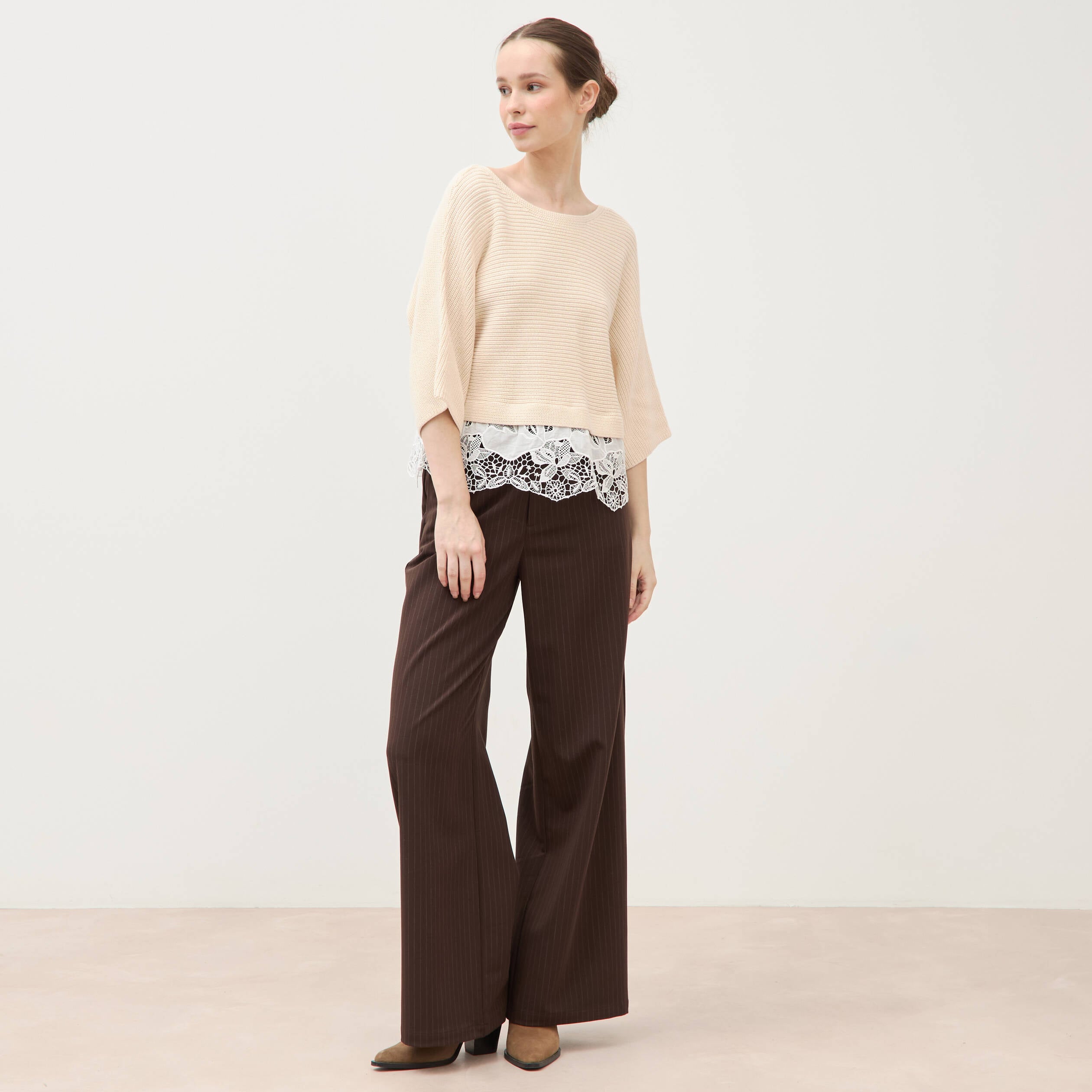 Pull col bateau manches courtes ivoire femme