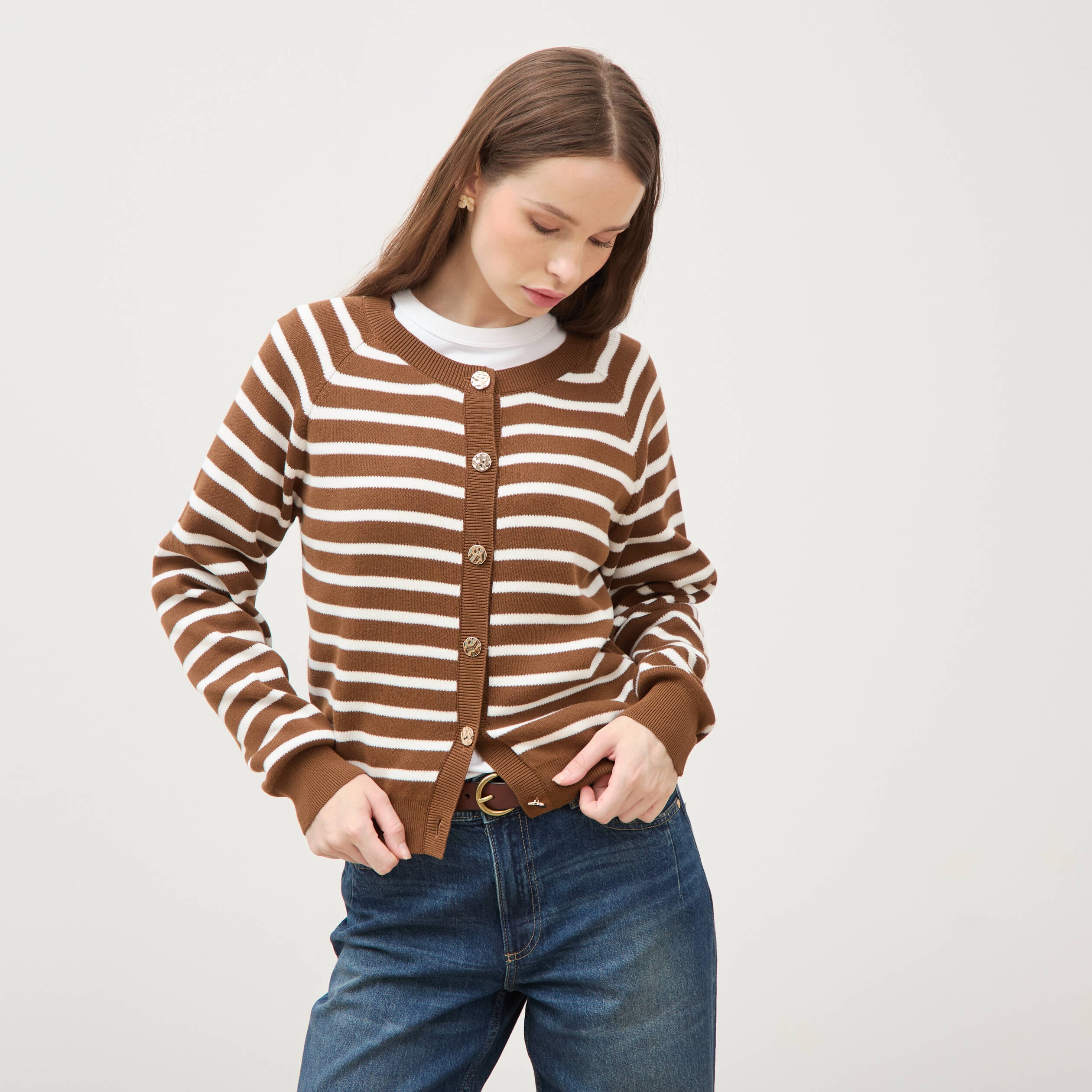 Gilet manches longues col rond en coton marron femme