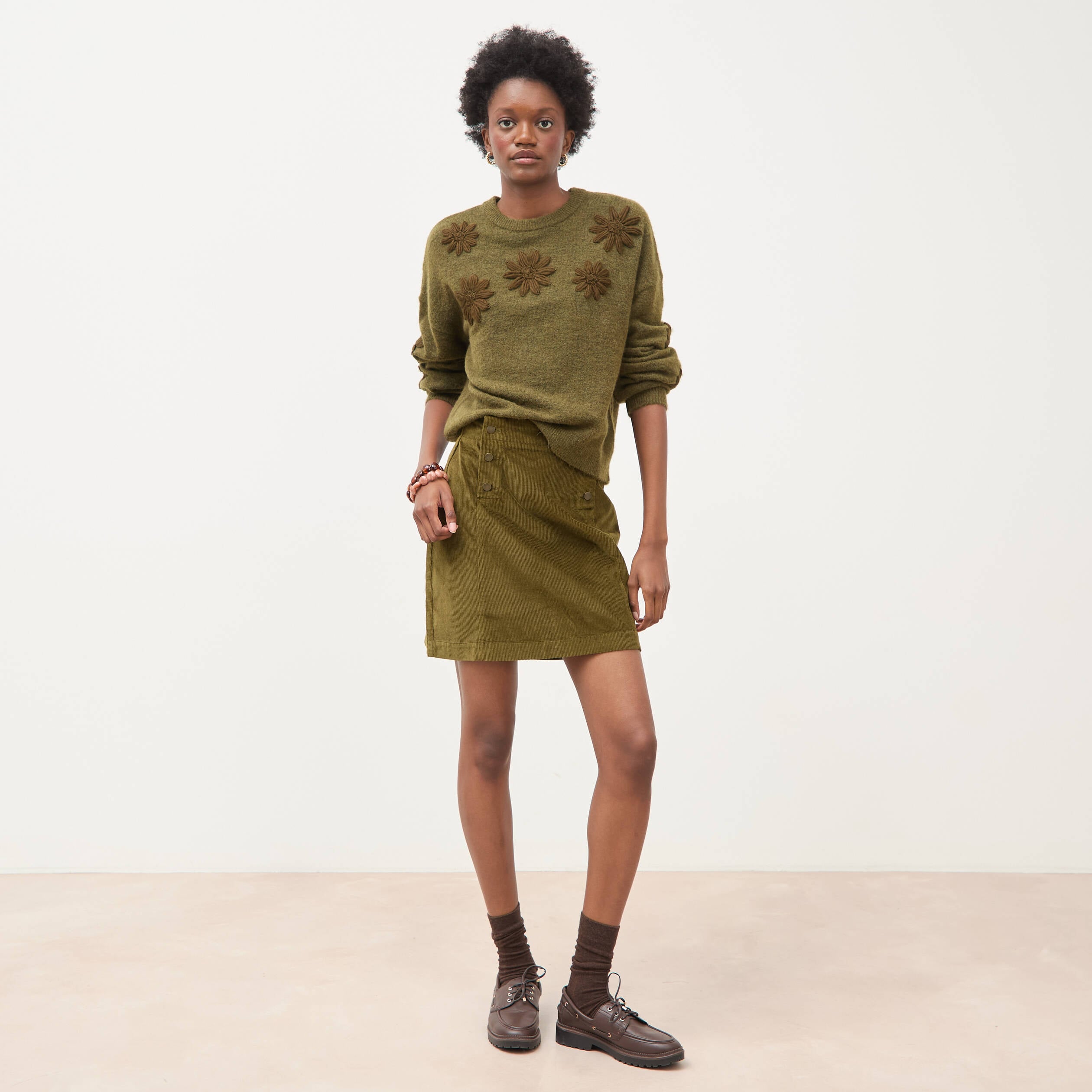 Pull manches longues col rond vert olive femme